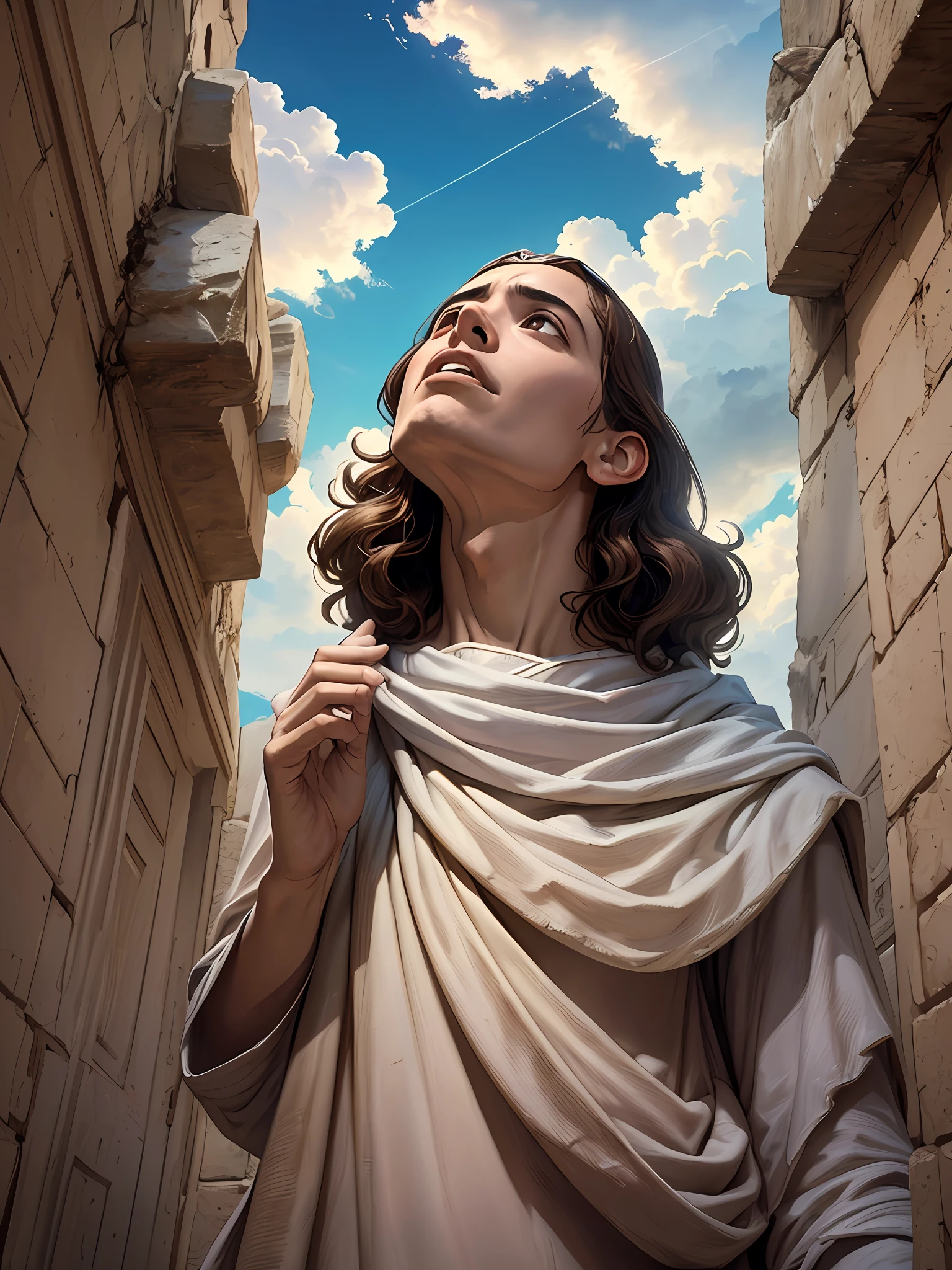 Foto realista de Jesus Cristo (Looking Up The Sky:1.3), expression conveying a sense of satisfaction and victory, hiper detalhado 4k --auto --s2