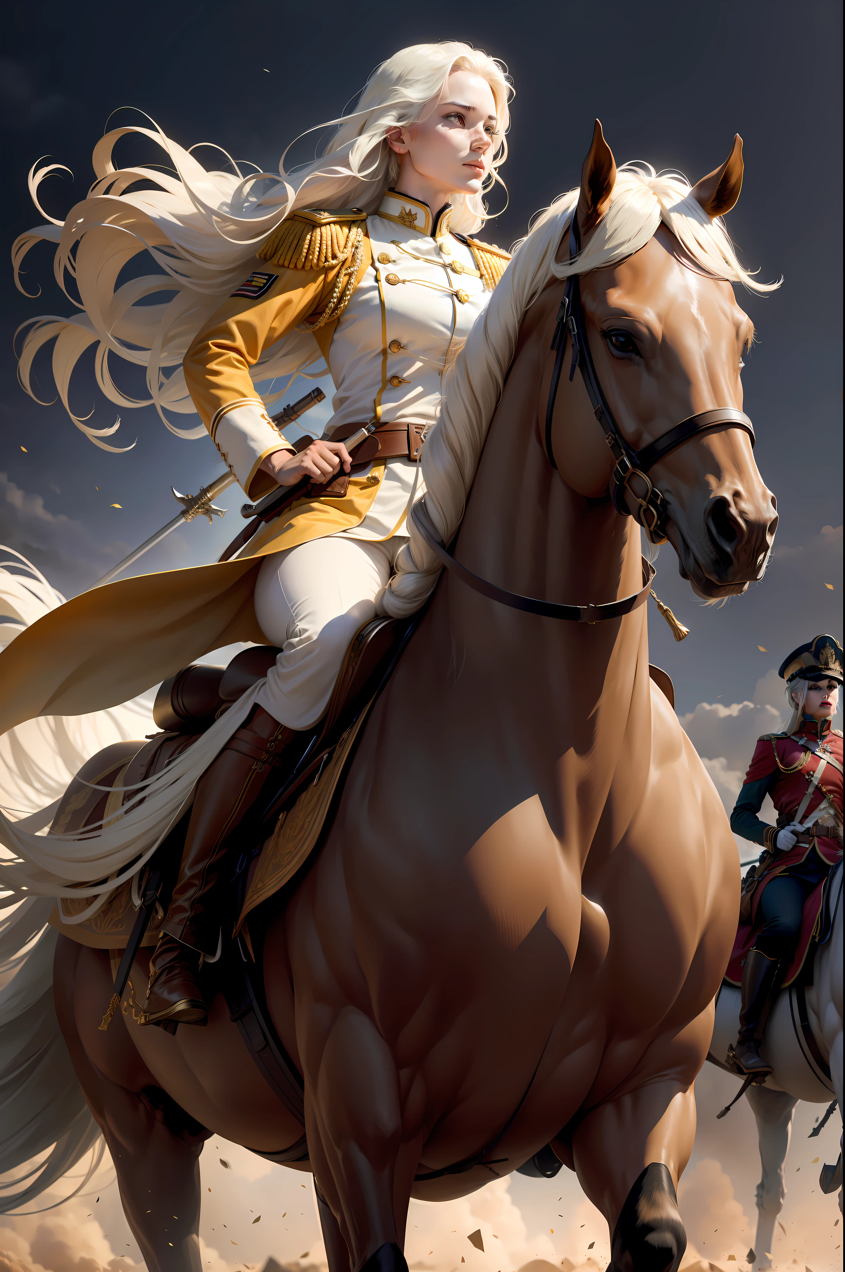 Wearing a golden-white military uniform，Riding a war horse，A female soldier with long white hair，Armed with muskets and sabers