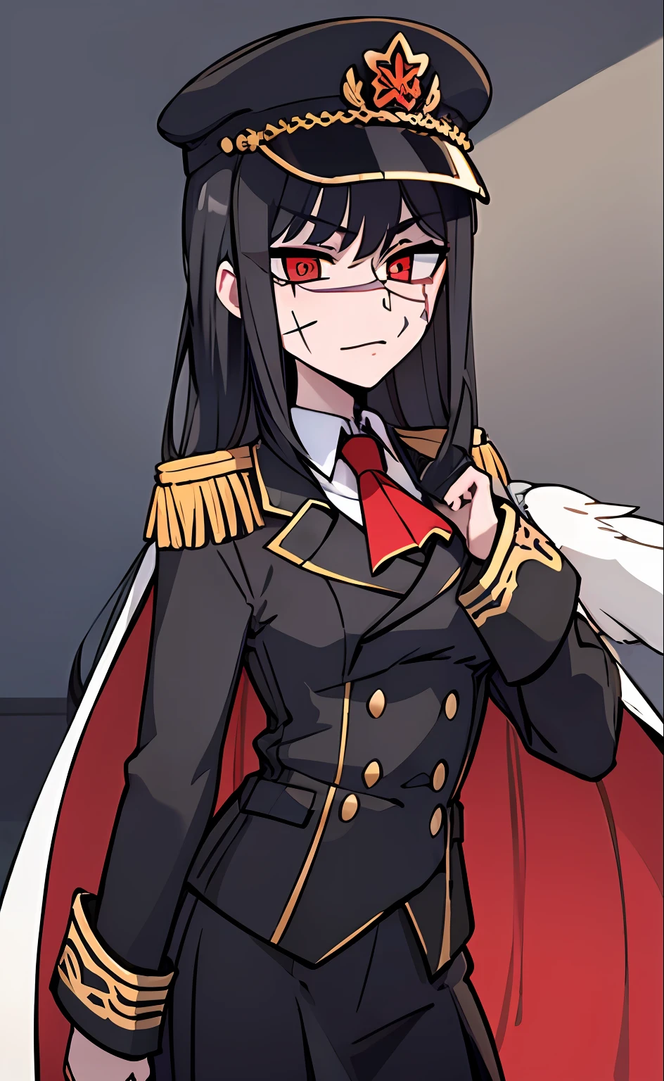 (masterpiece, best quality: 1.2), Solo, 1girl, Yoru \(Chainsaw Man\), looking at the viewer, different poses, red eye, long hair, completely black hair, reference to clothing of a German WWII general, black long sleeves (best quality), scar on face, beautiful eyes, has only 2 arms, has war medals on his clothes, Black Military Cap, Golden Eagle Medal on Clothing, (Wallpaper), (8K HD), (8K HD), Golden Shoulder Pads, Sprites, 1 Single Design (obra maestra, mejor calidad: 1.2), Solo, 1girl, Yoru \(Chainsaw Man\), mirando al espectador, sonrisa, MALVADA, diferentes poses, ojo rojos, cabello largo, cabello completamente negro, reference to clothing of a German general from World War II, mangas largas negras (mejor calidad), cicatriz en la cara, hermosos ojos, tiene solo 2 brazos, tiene medallas de guerra en su ropa, Gorra militar negra, Golden Eagle Medal in Dress, (fondo de pantalla), (8K HD), (8K HD), hombreras doradas, sprites, 1 single design