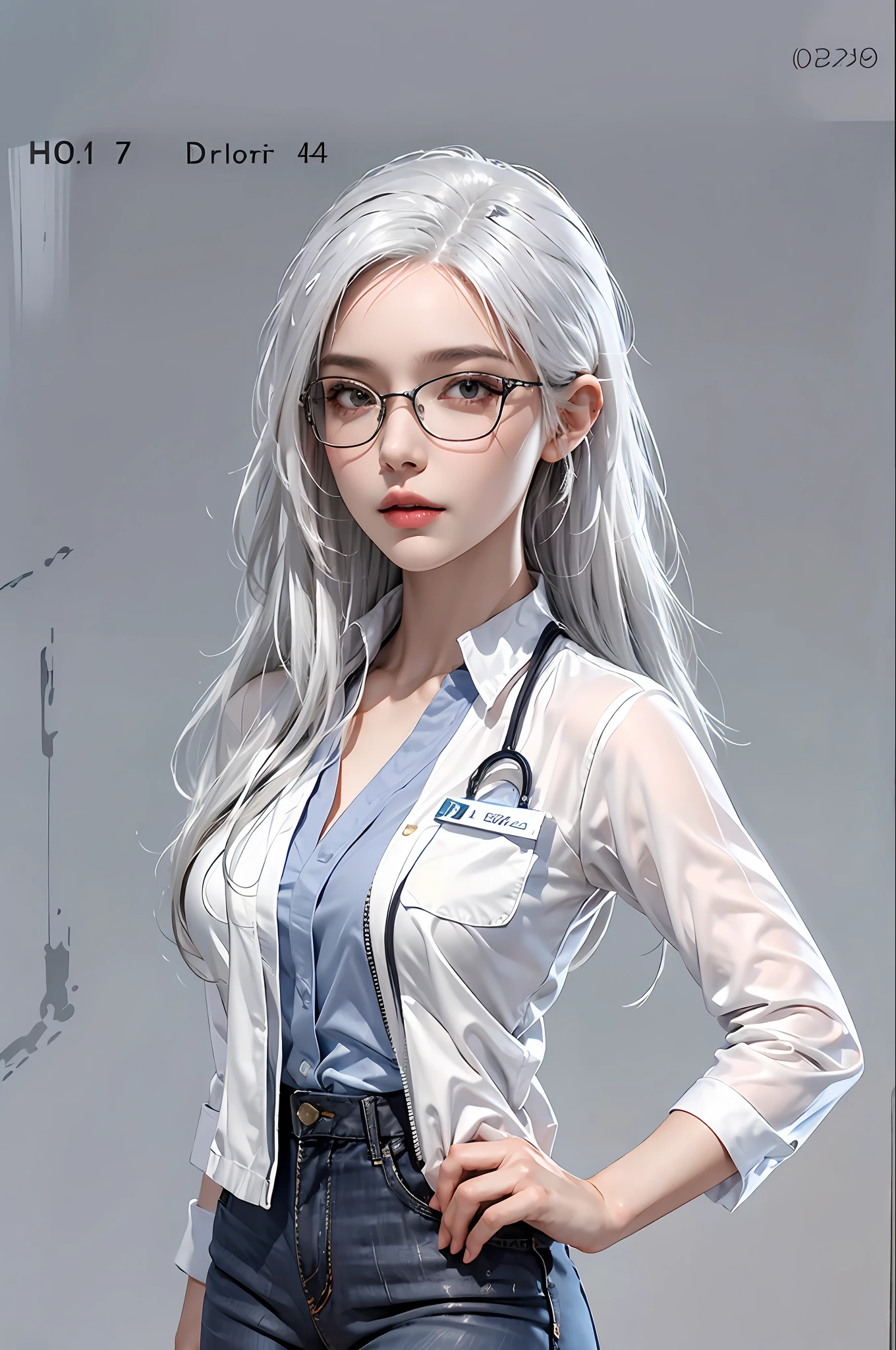 photorealistic, high resolution, 1 women, solo, hips up, look at viewer, (detailed face), white hair, Long Hair, doctor outfit, name tag