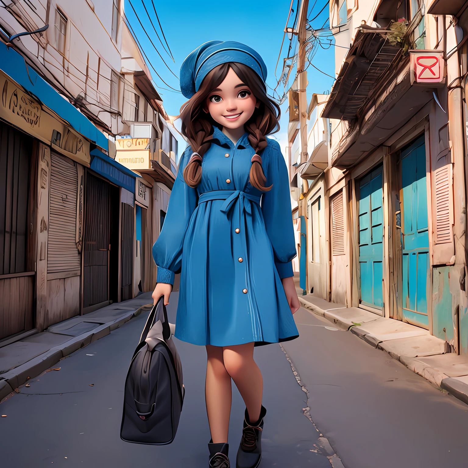 negra, adolescente, olho castanho, Vestido longo portanto, sorriso claro, flor, ao ar livre, turbante, Seu cabelo esta preso coque, Tom Azul Claro, portanto, corpo inteiro, The background is filled with an urban tone of the city, evoking a sense of lightness and happiness.
