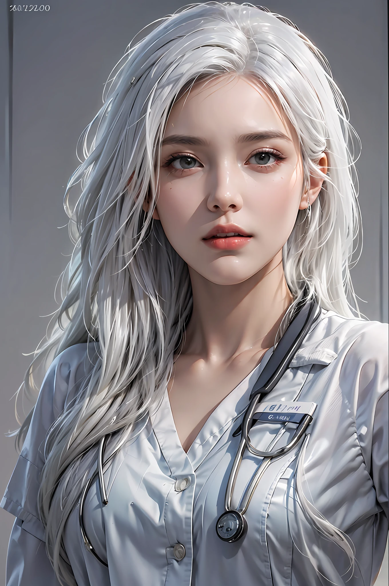 photorealistic, high resolution, 1 women, solo, hips up, look at viewer, (detailed face), white hair, Long Hair, doctor outfit, name tag