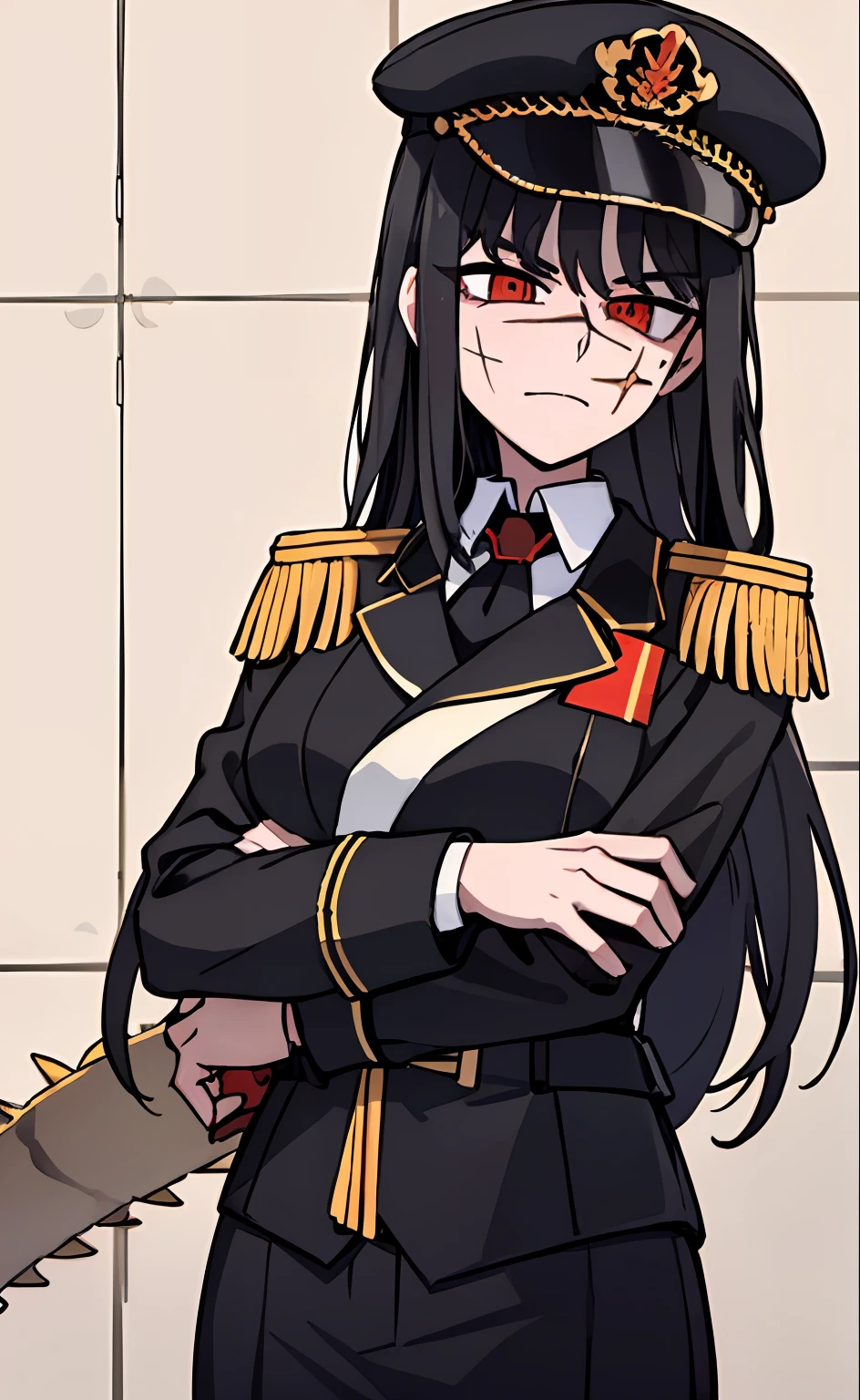 (masterpiece, best quality: 1.2), Solo, 1girl, Yoru \(Chainsaw Man\), looking at the viewer, different poses, red eye, long hair, completely black hair, reference to clothing of a German WWII general, black long sleeves (best quality), scar on face, beautiful eyes, has only 2 arms, has war medals on his clothes, Black Military Cap, Golden Eagle Medal on Clothing, (Wallpaper), (8K HD), (8K HD), Golden Shoulder Pads, Sprites, 1 Single Design (obra maestra, mejor calidad: 1.2), Solo, 1girl, Yoru \(Chainsaw Man\), mirando al espectador, sonrisa, MALVADA, diferentes poses, ojo rojos, cabello largo, cabello completamente negro, reference to clothing of a German general from World War II, mangas largas negras (mejor calidad), cicatriz en la cara, hermosos ojos, tiene solo 2 brazos, tiene medallas de guerra en su ropa, Gorra militar negra, Golden Eagle Medal in Dress, (fondo de pantalla), (8K HD), (8K HD), hombreras doradas, sprites, 1 single design