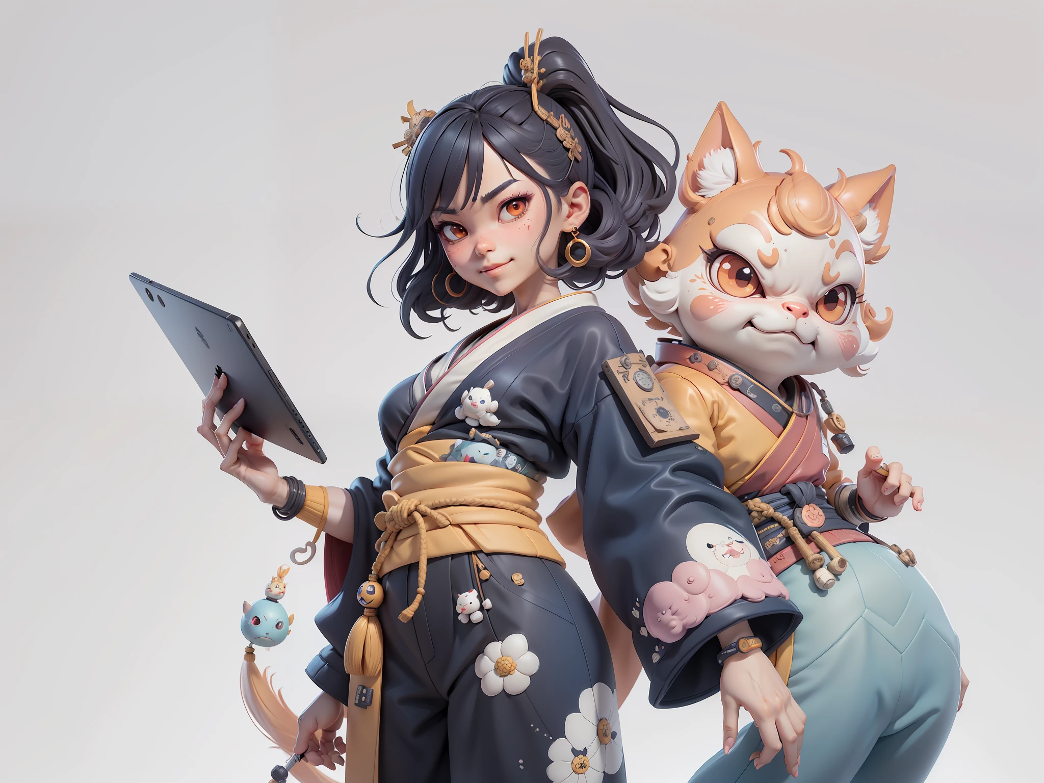 (Daisaku),(Need),(Super meticulous),(full bodyesbian:1.2),Japanese ukiyo-e girl,japanese geisha,Beautiful,Oriental dragon,Aeolian Thor,Raised sexy,爆乳,Oriental face,TV Anchor,Bust portrait illustration,Alone,In black suit,a blue tie,The face is slightly chubby,The face was clean,without a beard,Black super short hair,Black eyes,Smile confidently,3C computer sub-products,iPad, iphone,Digital painting,3D character design by Mark Clairen and Pixar and Hayao Miyazaki and Akira Toriyama,The illustration is a high-definition illustration in 4K resolution,With very detailed facial features and cartoon-style visuals。