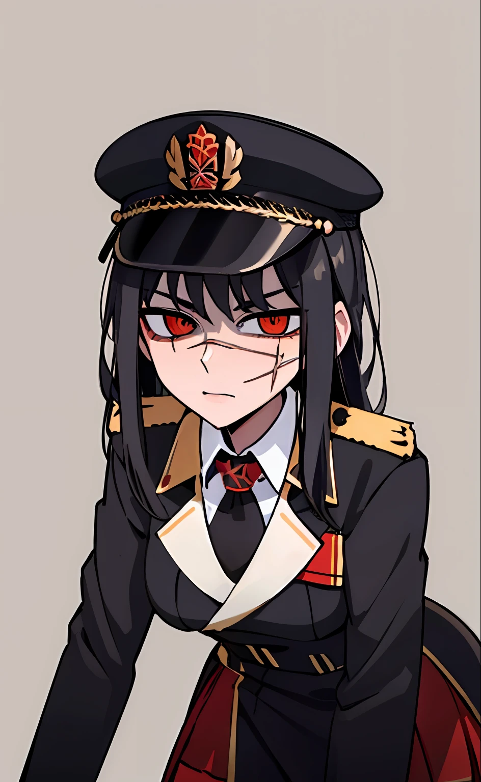 (masterpiece, best quality: 1.2), Solo, 1girl, Yoru \(Chainsaw Man\), looking at the viewer, different poses, red eye, long hair, completely black hair, reference to clothing of a German WWII general, black long sleeves (best quality), scar on face, beautiful eyes, has only 2 arms, has war medals on his clothes, Black Military Cap, Golden Eagle Medal on Clothing, (Wallpaper), (8K HD), (8K HD), Golden Shoulder Pads, Sprites, 1 Single Design (obra maestra, mejor calidad: 1.2), Solo, 1girl, Yoru \(Chainsaw Man\), mirando al espectador, sonrisa, MALVADA, diferentes poses, ojo rojos, cabello largo, cabello completamente negro, reference to clothing of a German general from World War II, mangas largas negras (mejor calidad), cicatriz en la cara, hermosos ojos, tiene solo 2 brazos, tiene medallas de guerra en su ropa, Gorra militar negra, Golden Eagle Medal in Dress, (fondo de pantalla), (8K HD), (8K HD), hombreras doradas, sprites, 1 single design