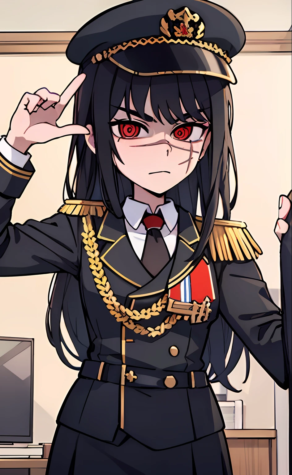 (masterpiece, best quality: 1.2), Solo, 1girl, Yoru \(Chainsaw Man\), looking at the viewer, different poses, red eye, long hair, completely black hair, reference to clothing of a German WWII general, black long sleeves (best quality), scar on face, beautiful eyes, has only 2 arms, has war medals on his clothes,  Black Military Cap, Golden Eagle Medal on Clothing, (Wallpaper), (8K HD), (8K HD), Golden Shoulder Pads, Sprites, 1 Single Design (obra maestra, mejor calidad: 1.2), Solo, 1girl, Yoru \(Chainsaw Man\), mirando al espectador con maldad, risa malevola, MALVADA, diferentes poses, ojo rojos, cabello largo, cabello completamente negro, reference to clothing of a German general from World War II, mangas largas negras (mejor calidad), cicatriz en la cara, hermosos ojos, tiene solo 2 brazos, tiene medallas de guerra en su ropa, Gorra militar negra, Golden Eagle Medal in Dress, (fondo de pantalla), (8K HD), (8K HD), hombreras doradas, sprites, 1 single design