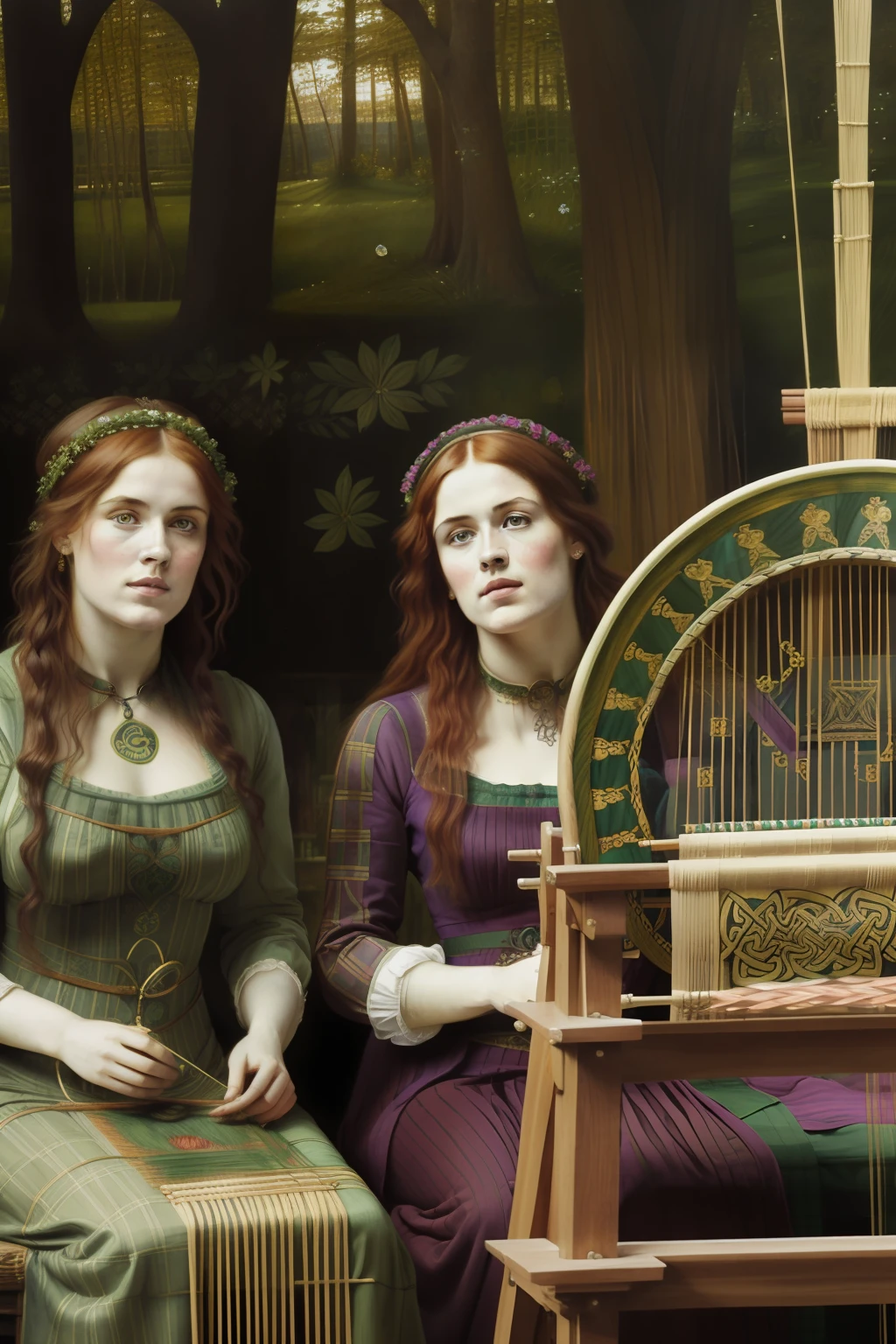 rosto renascentista (((Pre-Raphaelite painting of Celtic women in a weaving competition)))