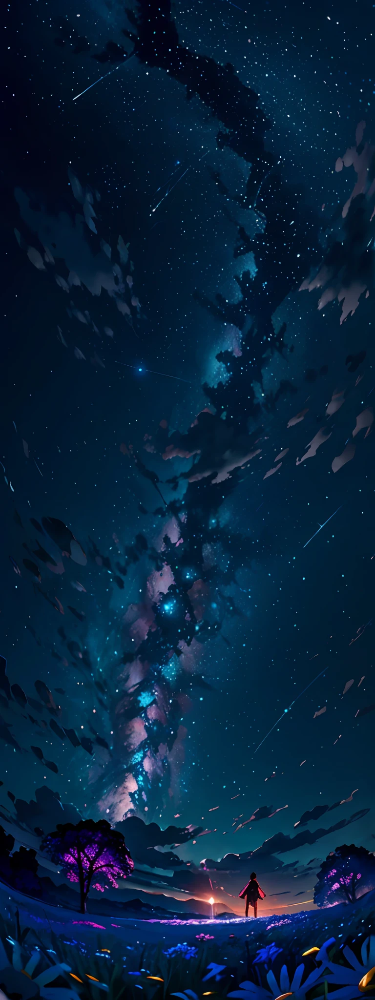 fotografia de paisagem expansiva, (a view from below that shows the sky above and the open field below), a girl with the garanto holding hands standing in a field of flowers looking up, (lua cheia: 1.2), (estrelas cadentes: 0.9), (nebulosa: 1.3), montanha distante , BREAK tree production art, (fonte de luz quente: 1.2), (Firefly: 1.2), lamp, muito roxo e laranja, detalhes complexos, volumetric lighting BREAK (obra-prima: 1.2), (melhor qualidade), 4k, ultradetalhado , (dynamic compositing: 1.4), detalhes coloridos altamente detalhados (cores iridescentes: 1.2), (bright illumination, Atmospheric Illumination), sonhador, magica, (solo: 1.2)