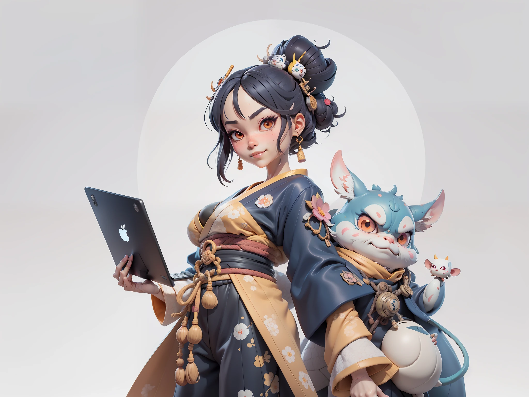 (Daisaku),(Need),(Super meticulous),(full bodyesbian:1.2),Japanese ukiyo-e girl，japanese geisha，Beautiful，Oriental dragon，Aeolian Thor，Raised sexy，爆乳，Oriental face，TV Anchor，Bust portrait illustration，Alone，In black suit，a blue tie，The face is slightly chubby，The face was clean，without a beard，Black super short hair，Black eyes，Smile confidently，3C computer sub-products，iPad， iphone，Digital painting，3D character design by Mark Clairen and Pixar and Hayao Miyazaki and Akira Toriyama，The illustration is a high-definition illustration in 4K resolution，With very detailed facial features and cartoon-style visuals。