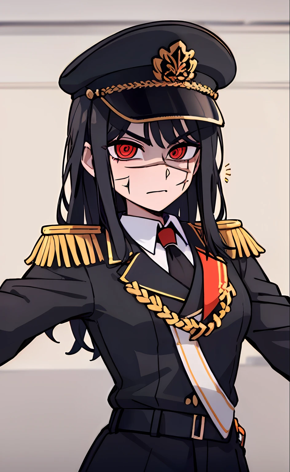 (masterpiece, best quality: 1.2), Solo, 1girl, Yoru \(Chainsaw Man\), looking at the viewer, different poses, red eye, long hair, completely black hair, reference to clothing of a German WWII general, black long sleeves (best quality), scar on face, beautiful eyes, has only 2 arms, has war medals on his clothes, Black Military Cap, Golden Eagle Medal on Clothing, (Wallpaper), (8K HD), (8K HD), Golden Shoulder Pads, Sprites, 1 Single Design (obra maestra, mejor calidad: 1.2), Solo, 1girl, Yoru \(Chainsaw Man\), mirando al espectador, sonrisa, MALVADA, diferentes poses, ojo rojos, cabello largo, cabello completamente negro, reference to clothing of a German general from World War II, mangas largas negras (mejor calidad), cicatriz en la cara, hermosos ojos, tiene solo 2 brazos, tiene medallas de guerra en su ropa, Gorra militar negra, Golden Eagle Medal in Dress, (fondo de pantalla), (8K HD), (8K HD), hombreras doradas, sprites, 1 single design