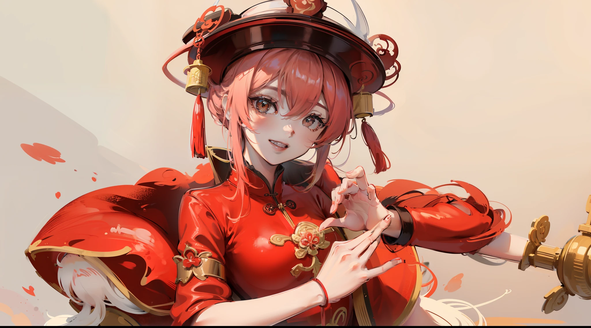 Woman in red dress posing for photo, genshin impact style, inspired by Ma Yuanyu, welcoming grin, twitch streamer, In temples in China, praying posture, cute kawaii girl, open hand, incredibly skinny, Long Southeast Asia, bitcoin, Idol, Siouxy Pie、perspiring、Dynamism、tosen、Guts Pose、martial art
