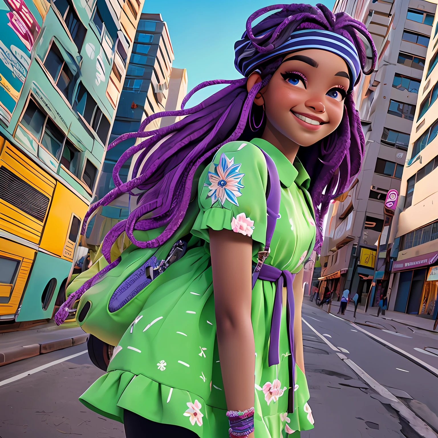 menina negra, adolescente, olho castanho, Vestido longo preto, sorriso claro, flor, ao ar livre, turbante, Seu cabelo esta preso coque, Tom Azul Claro, preto e dread's roxo escuro, corpo inteiro, The background is filled with an urban tone of the city, evoking a sense of lightness and happiness.