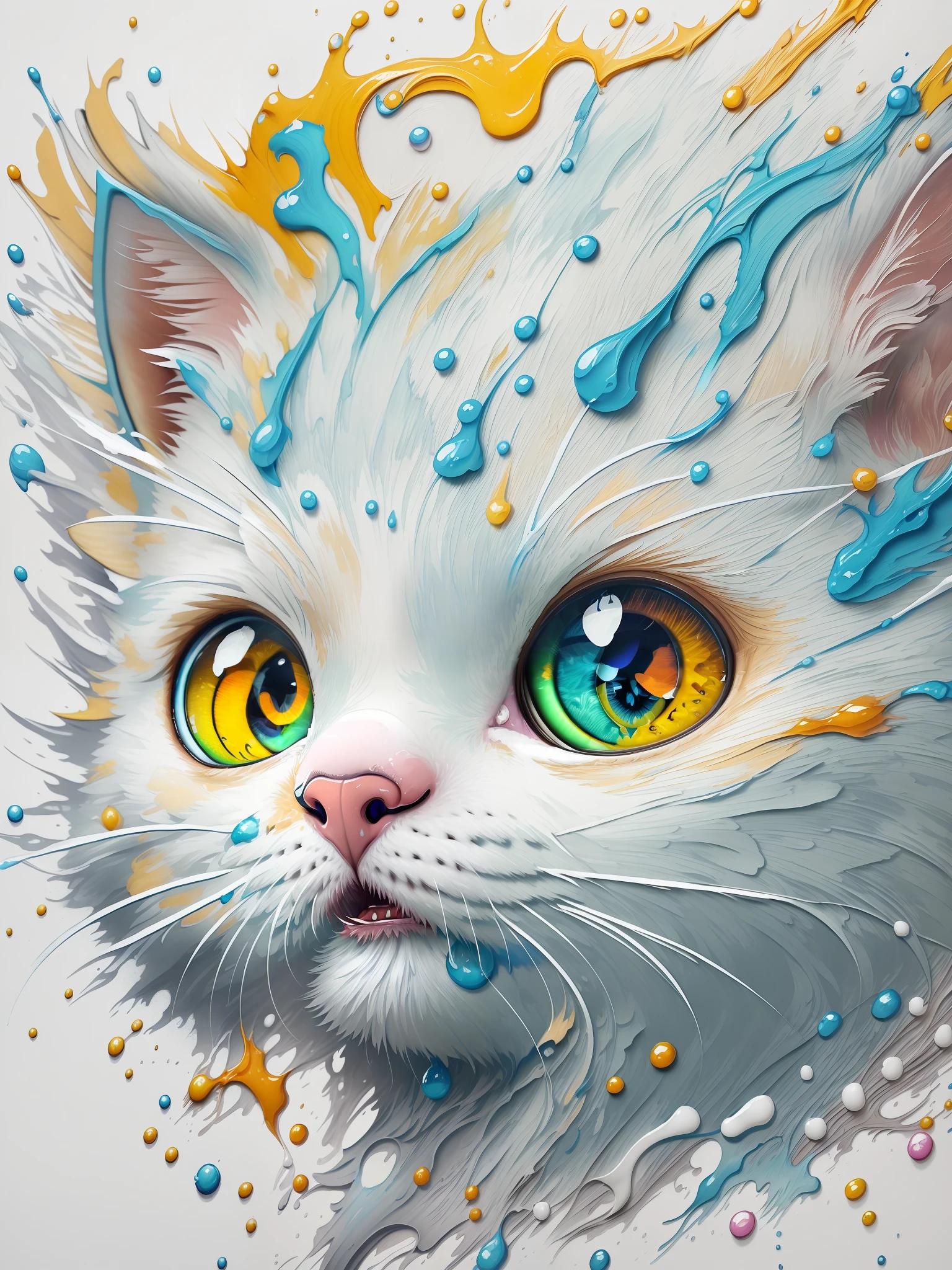 3d Splash art, a cute kitten head with blue eyes, ((white background)), epic Instagram, artstation, splash style of colorful paint, contour, hyperdetailed intricately detailed , unreal engine, fantastical, intricate detail, splash screen, complementary colors, fantasy concept art, 16k resolution, deviantart masterpiece, oil painting, heavy strokes, paint dripping, splash arts