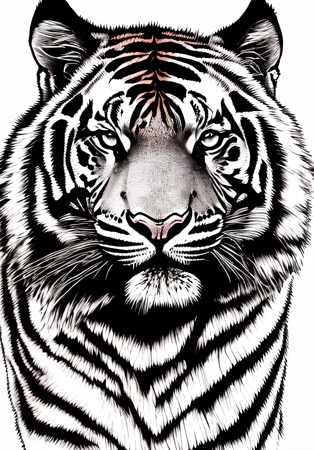A closeup of a tiger's face with a piece of purple torn wood, cat head, wild pencil style, ((gato)), cara de gato, Meio tigre, um gato, high quality sketch art, tattoo sketch, black ink illustration, gato, animal, sketch art, tattoo design sketch, ferocious appearance, Estilo de tinta preto e branco, black and white detailed sketch, gato, em png sem bordas --auto