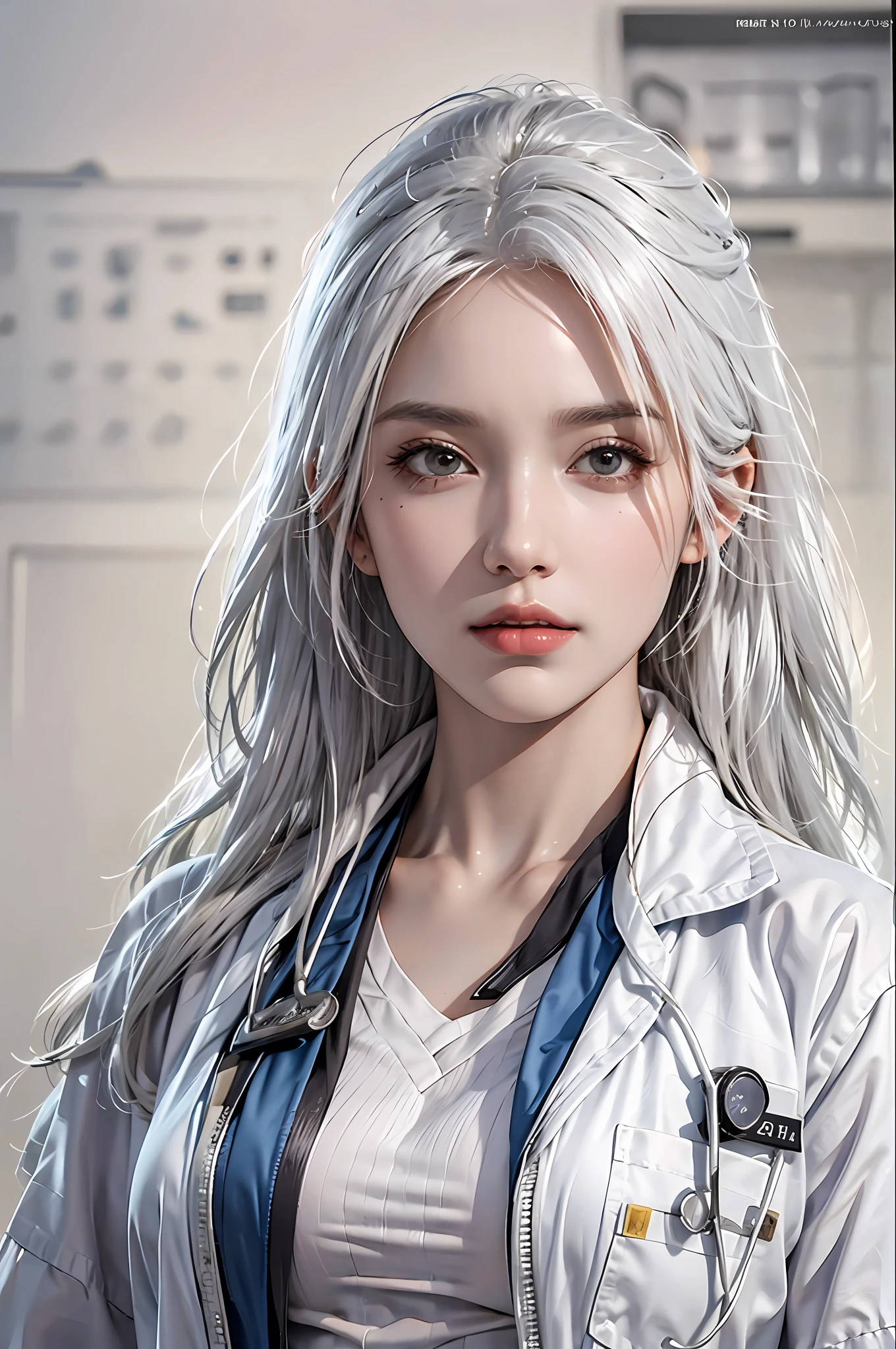 photorealistic, high resolution, 1 women, solo, hips up, look at viewer, (detailed face), white hair, Long Hair, doctor outfit, name tag