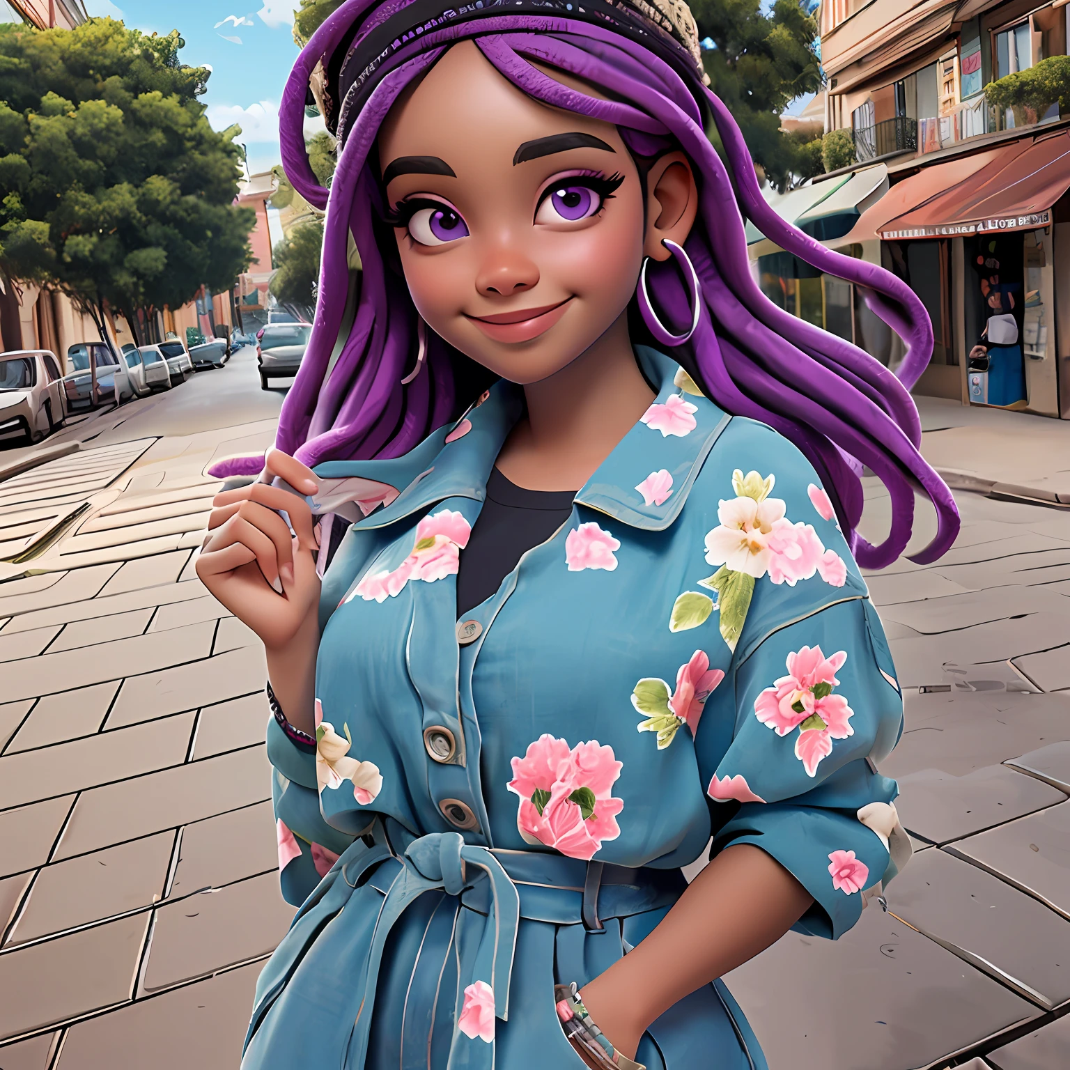 negra, adolescente, olho castanho, Vestido longo preto, sorriso claro, flor, ao ar livre, turbante, Seu cabelo esta preso coque, Tom Azul Claro, preto e dread's roxo escuro, corpo inteiro, The background is filled with an urban tone of the city, evoking a sense of lightness and happiness.