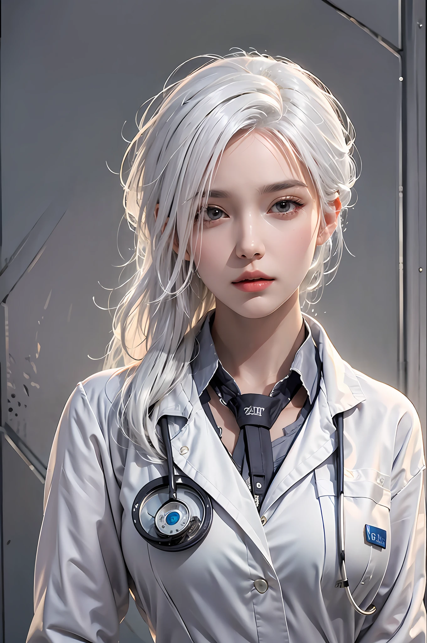 photorealistic, high resolution, 1 women, solo, hips up, look at viewer, (detailed face), white hair, Long Hair, doctor outfit, name tag