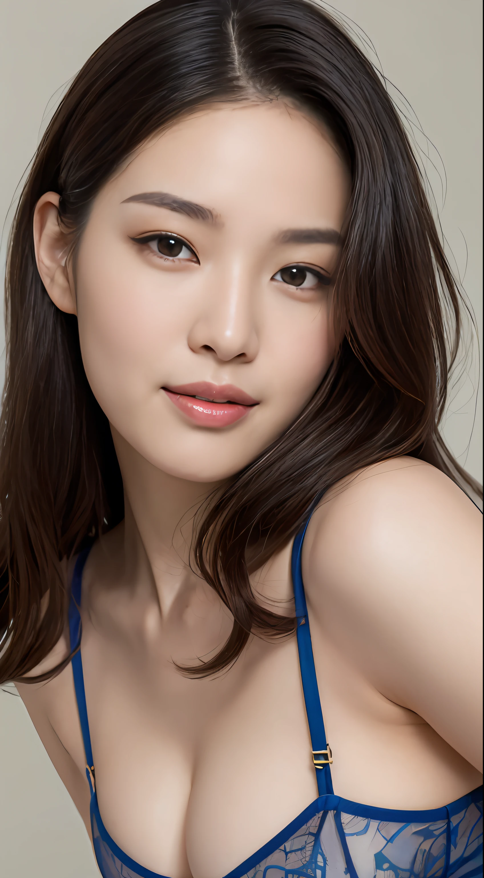 8K、Raw foto、masterpiece of best quality、ultra-detailliert、超A high resolution、One beautiful woman、beautifull detailed face、A slight smil、Constriction、Slim waist、Blue Lingerie、More about beautiful skin、floated hair、profetional lighting