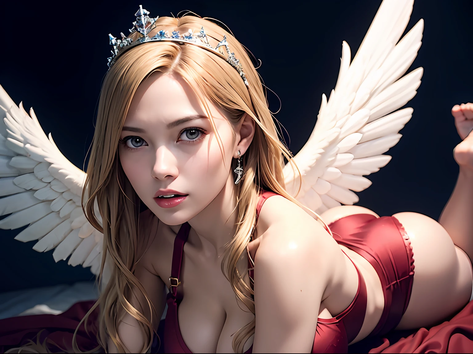 Ultra detailed complex 3D rendering of face, (big breasts: 8.8), (masterpiece, top quality, octane rendering, 8K), glamour shot full body image, cleavage, (highly detailed skin: 1.2), (exposure: 1.1), (blonde), (wearing a plummet tank top of red silk: 1.5)), blonde hair, beautiful white woman with full soft breasts and white skin, one with big ass, long braided hair(portrait))), big breasts, dynamic angles, mystical expressions, ultra-realistic photos, (portrait))), bare feet, futuristic city background, facial muscles, detailed and beautiful queen tiara, in the style of Marvel Comics, clear focus, studio photography, intricate details, highly detailed, detailed yellow eyes, sharp focus, digital rendering, professional, abs, ( ((Sexy Pose))), Natural Jungle, Open Your Mouth Lightly, Mansuji, Open Your Crotch, Seductive Look, Angel Ring, Detailed Angel Wings, Circle of Angels, Beautiful Mouth, Perfect Body Beauty: 1.4,