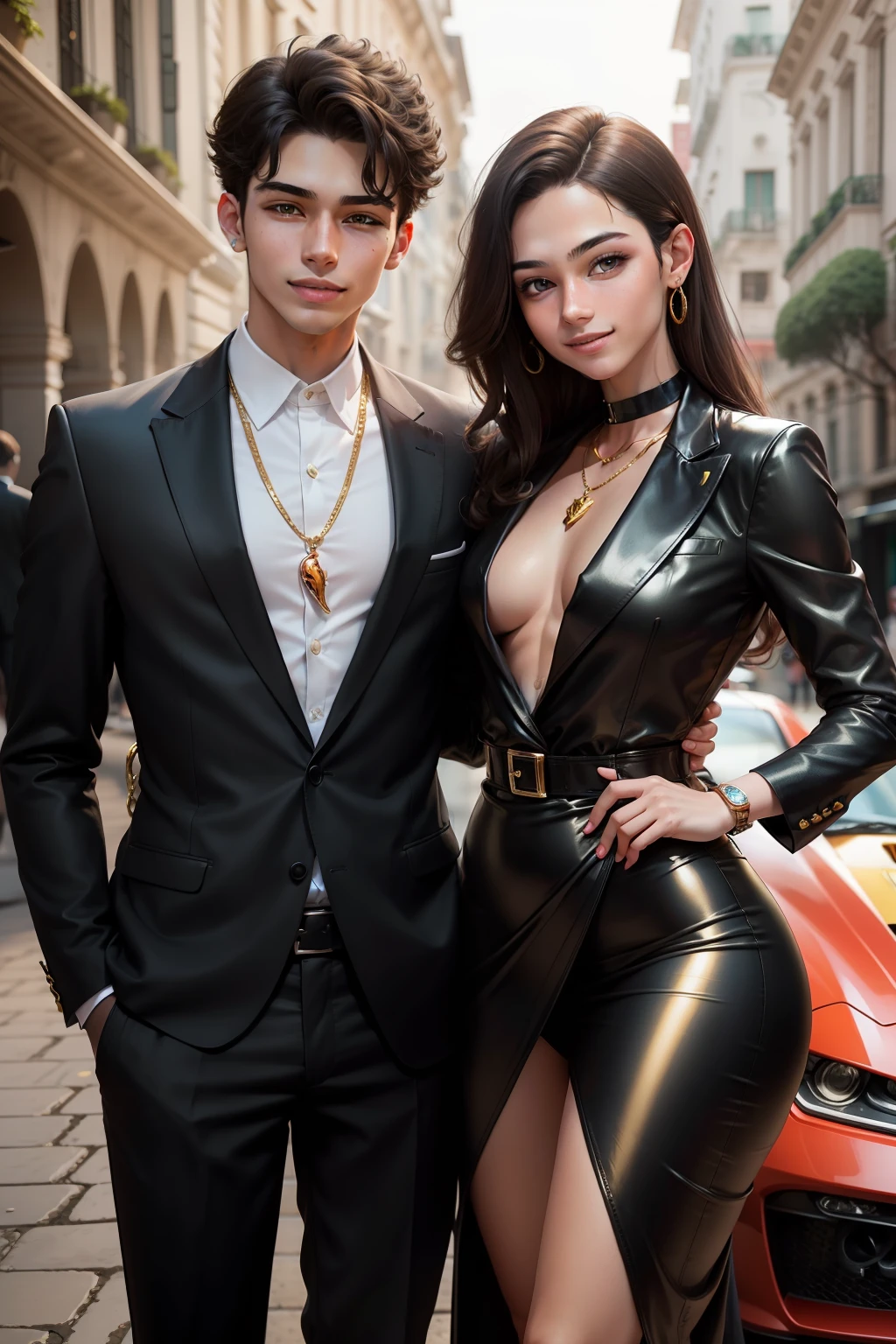 make a young teenager boy looking very rich, wearing a expensive suit and gold cubanlinks necklaces and a girlfriend smiling in front of a ferrari