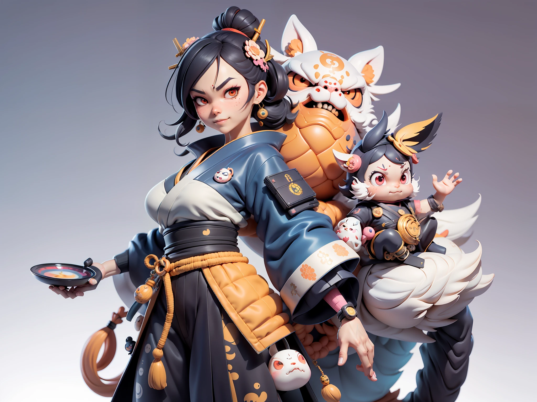 (Daisaku),(Need),(Super meticulous),(full bodyesbian:1.2),Japanese ukiyo-e girl,japanese geisha,Beautiful,Oriental dragon,Aeolian Thor,Raised sexy,爆乳,Oriental face,TV Anchor,Bust portrait illustration,Alone,In black suit,a blue tie,The face is slightly chubby,The face was clean,without a beard,Black super short hair,Black eyes,Smile confidently,3C computer sub-products,iPad, iphone,Digital painting,3D character design by Mark Clairen and Pixar and Hayao Miyazaki and Akira Toriyama,The illustration is a high-definition illustration in 4K resolution,With very detailed facial features and cartoon-style visuals。