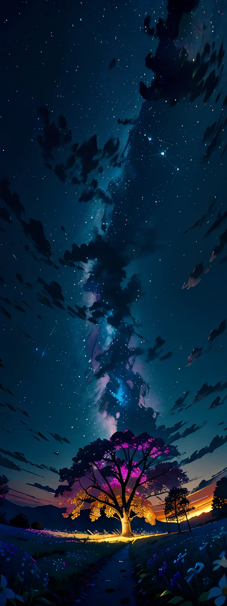 fotografia de paisagem expansiva, (a view from below that shows the sky above and the open field below), a girl with the garanto holding hands standing in a field of flowers looking up, (lua cheia: 1.2), (estrelas cadentes: 0.9), (nebulosa: 1.3), montanha distante , BREAK tree production art, (fonte de luz quente: 1.2), (Firefly: 1.2), lamp, muito roxo e laranja, detalhes complexos, volumetric lighting BREAK (obra-prima: 1.2), (melhor qualidade), 4k, ultradetalhado , (dynamic compositing: 1.4), detalhes coloridos altamente detalhados (cores iridescentes: 1.2), (bright illumination, Atmospheric Illumination), sonhador, magica, (solo: 1.2)