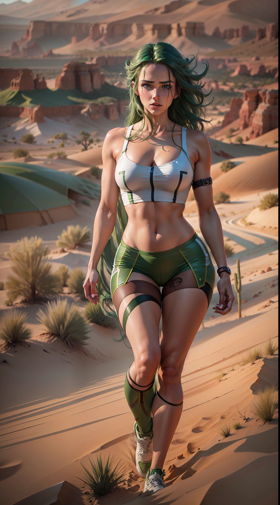 hyper realism, ultra resolution, HDR, 8k, super detailed, brunette woman, 25 years old, full breasts, medium hips, long green hair, sweaty brown skin, transparent white corset, blue eyes, 8k resolution, legs apart, desert running.