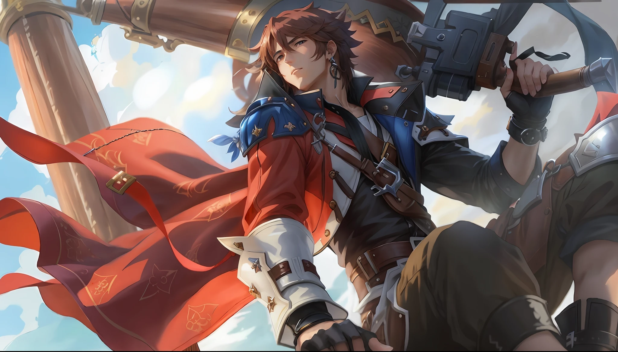 um close up de uma pessoa segurando uma arma em um barco, arte chave detalhada do anime, por Yang J, guilty gear strive splash art, casimiro arte, Sakimichan Frank Franzzeta, Zhongli, Genshin Impact, Artgerm extremamente detalhado, arte detalhada do personagem de anime, granblue fantasia, arte de anime digital detalhada, arte chave do anime