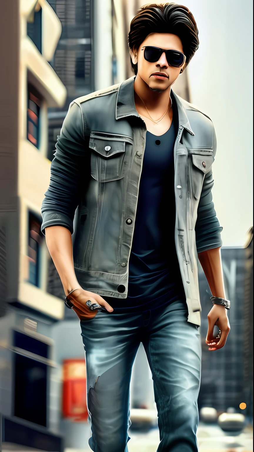 Shahrukh khan walk in city, handsome, 25 year's old, sexy, full body, 8k result, high quality light, buildings background,