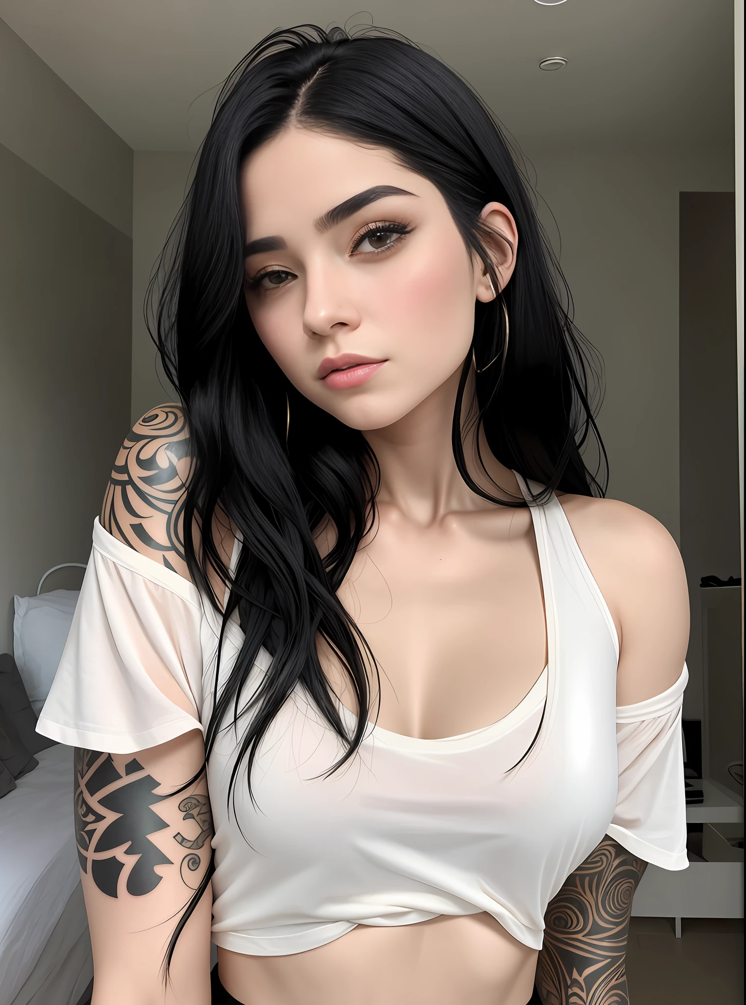 A closeup of a beautiful woman with a tattoo on her arm, menina atraente, Foto de perfil do headshot, cabelo e maquiagem escuros, cabelo escuro maravilhoso, with pale skin, pale glowing skin, She has black hair, messy black hair, pale fair skin!!, menina com cabelo preto, Kaitlyn Michelle Siragusa, cabelo preto rosto bonito, pale skin!, cabelos escuros