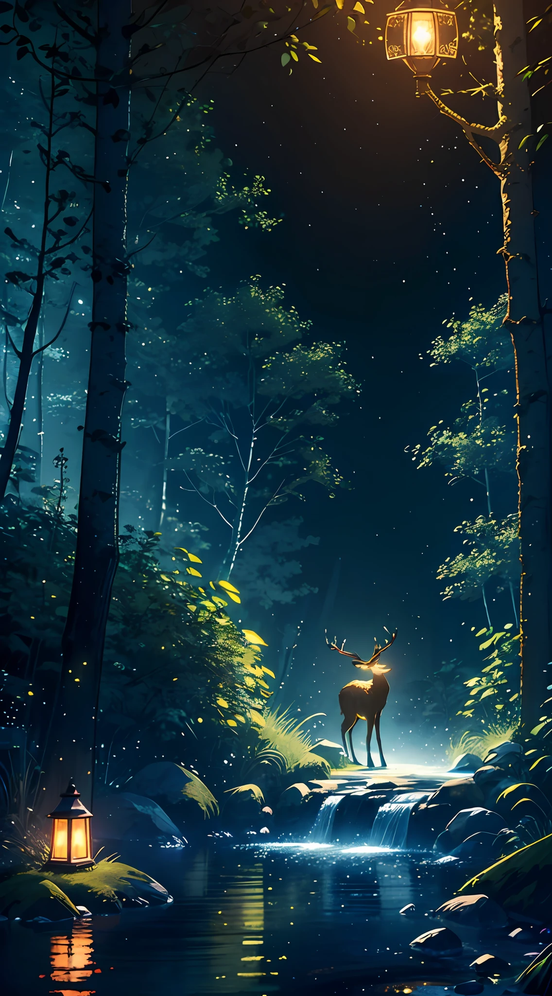 Masterpiece, best quality, (very detailed CG unity 8k wallpaper), (best quality), (best illustration), (best shadows), glow sprite, with a glowing deer, in the swimming pool Drinking water, natural elements in the forest theme. Mysterious forest, beautiful forest, nature, surrounded by flowers, delicate leaves and branches surrounded by fireflies (natural elements), (jungle theme), (leaves), (twigs), (fireflies), (particle effects) etc. 3D , Octane rendering, ray tracing, super detailed
