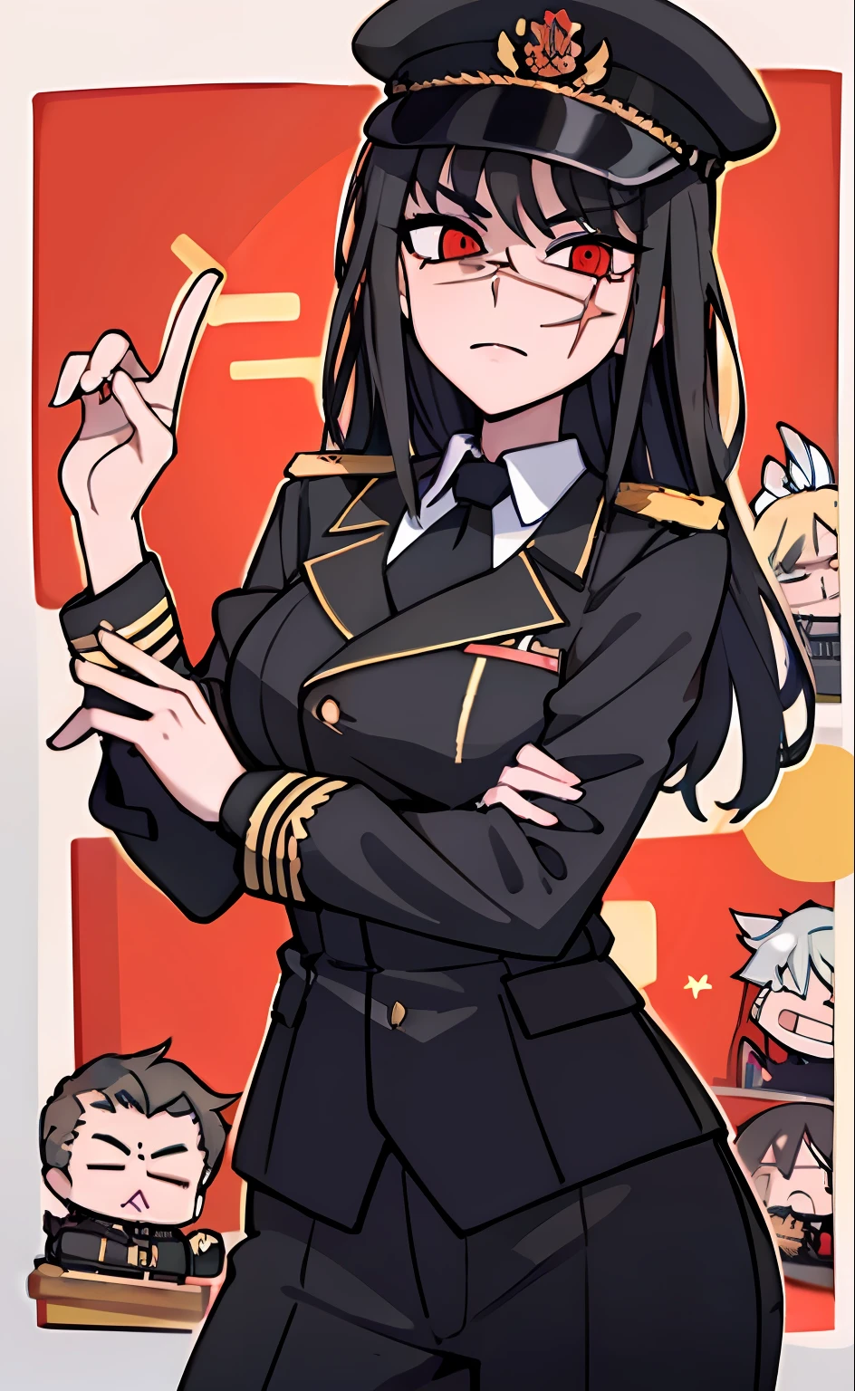 (masterpiece, best quality: 1.2), Solo, 1girl, Yoru \(Chainsaw Man\), looking at the viewer, different poses, red eye, long hair, completely black hair, reference to clothing of a German WWII general, black long sleeves (best quality), scar on face, beautiful eyes, has only 2 arms, has war medals on his clothes, Black Military Cap, Golden Eagle Medal on Clothing, (Wallpaper), (8K HD), (8K HD), Golden Shoulder Pads, Sprites, 1 Single Design (obra maestra, mejor calidad: 1.2), Solo, 1girl, Yoru \(Chainsaw Man\), mirando al espectador, sonrisa, MALVADA, diferentes poses, ojo rojos, cabello largo, cabello completamente negro, reference to clothing of a German general from World War II, mangas largas negras (mejor calidad), cicatriz en la cara, hermosos ojos, tiene solo 2 brazos, tiene medallas de guerra en su ropa, Gorra militar negra, Golden Eagle Medal in Dress, (fondo de pantalla), (8K HD), (8K HD), hombreras doradas, sprites, 1 single design