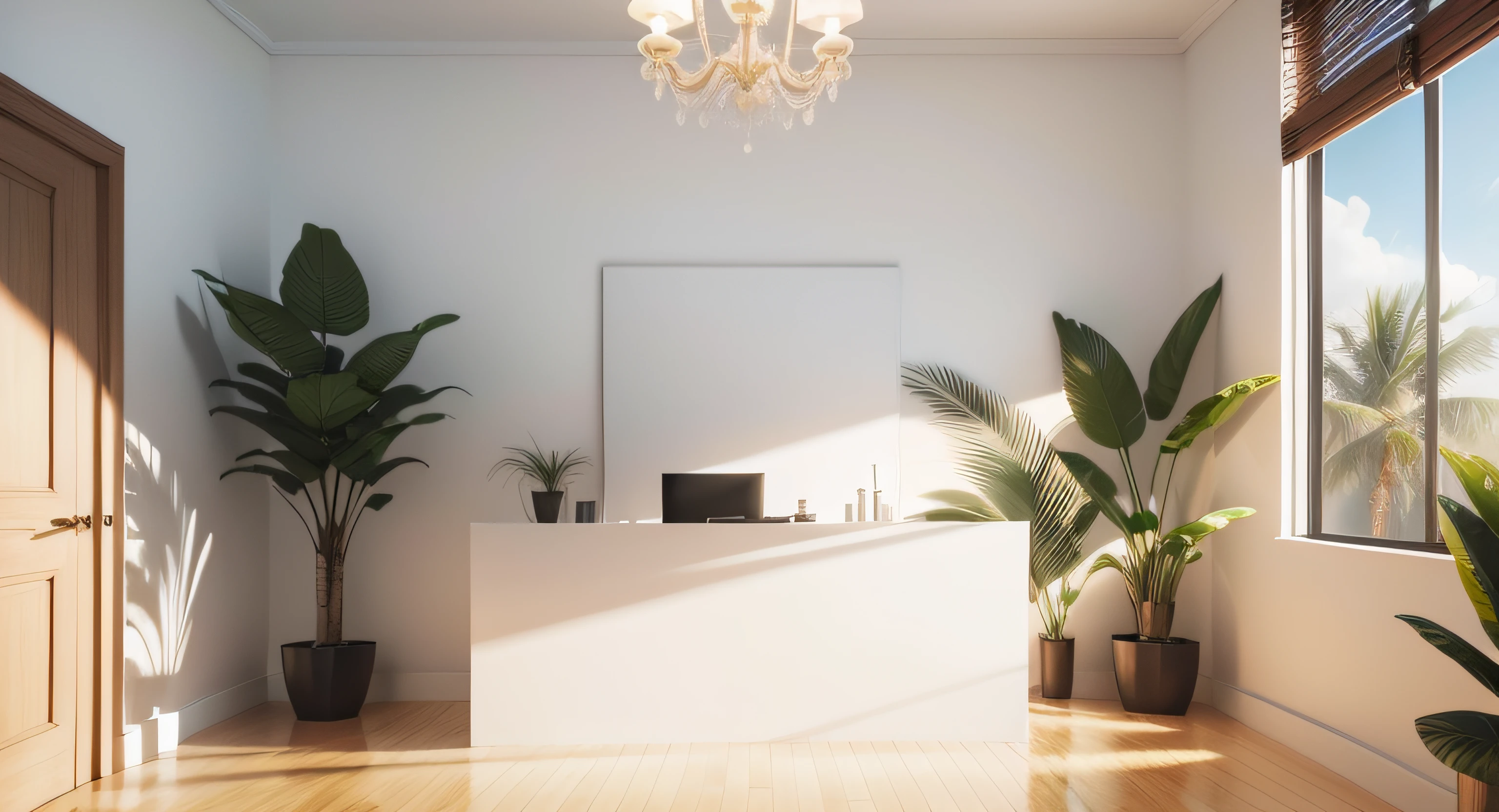 Blank minimal white counter podium, soft beautiful dappled sunlight, tropical palm foliage leaf shadow on wall for luxury hygiene organic cosmetic, skincare, beauty treatment product background 3D