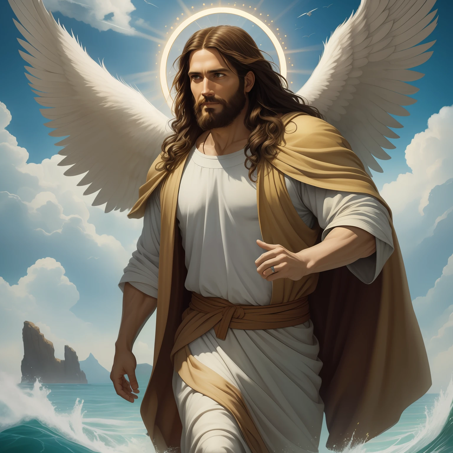A beautiful ultra-thin realistic portrait of Jesus, the prophet, a man 35 years old Hebrew brunette, short brown hair, real perfect eyes, long brown beard, with, Helping People , wearing long linen tunic closed on the chest part, in front view, full body, biblical, realistic,by Diego Velázquez,Peter Paul Rubens,Rembrandt,Alex Ross,8k, Concept Art, PhotoRealistic, Realistic, Illustration, Oil Painting, Surrealism, HyperRealistic, helping people , Digital art, style, watercolorReal Jesus flying on sky with a flying cloud in the background, Jesus walking on water, biblical illustration, epic biblical representation, forcing him to flee, coming out of the ocean, ! holding in hand!, disembarking, god of the ocean, beautiful representation, 8k 3D Model, realistic,
a 3D Realistic of jesus with a halo in the sky, jesus christ, smiling in heaven, portrait of jesus christ, jesus face, 35 young almighty god, portrait of a heavenly god, greg olsen, gigachad jesus, jesus of nazareth, jesus, the face of god, god looking at me, he is greeting you warmly, he is happy, avatar image in the top heaven sky