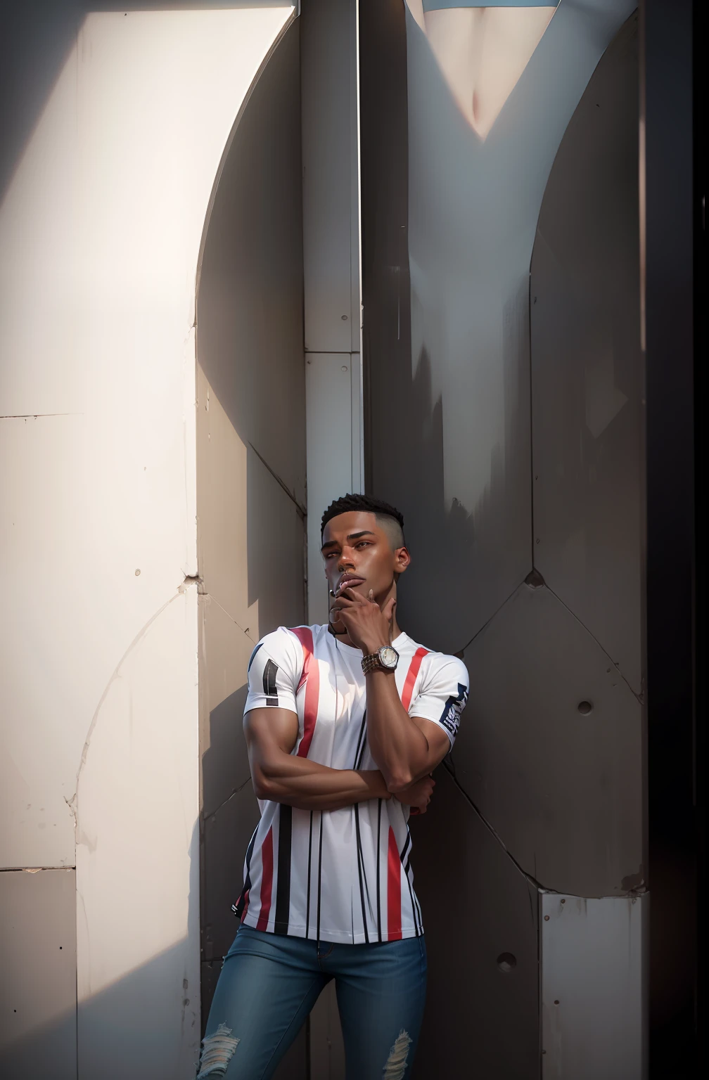 "Stylish boy model in white bra and tight denim showcasing her upper body, with a trendy cropped t-shirt and streetwear vibe. She has a slim figure, an oversized bust, and exudes confidence. Capture the essence of this 24-year-old model in your photo."