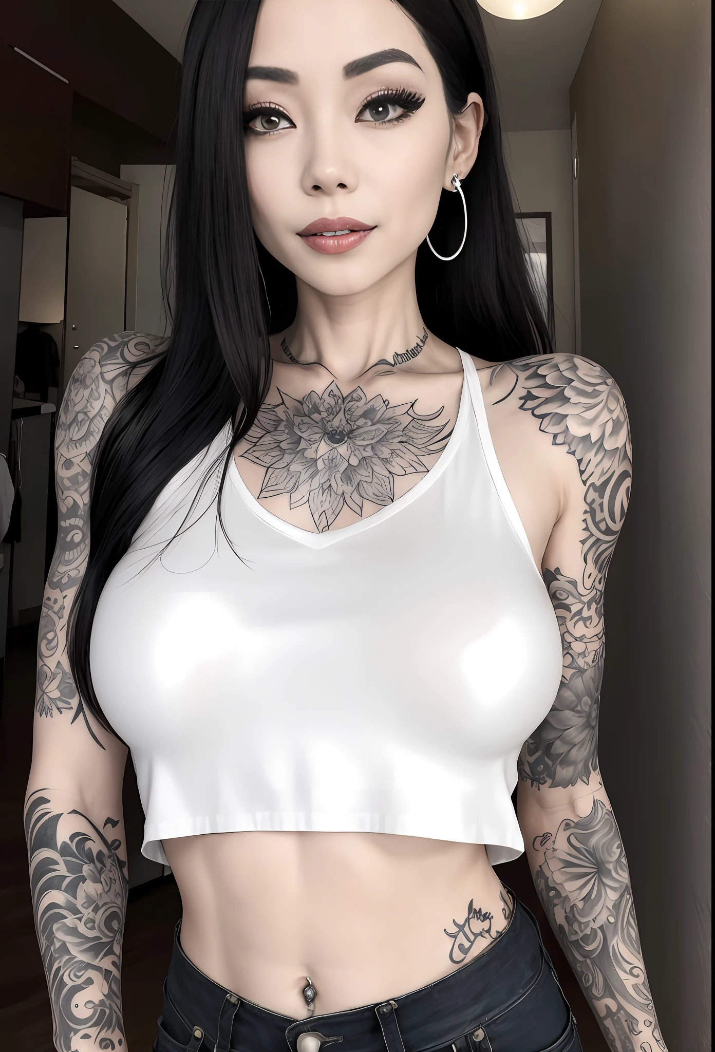 mulher linda com tatuagens e um top branco posando para uma foto, Coberto, com tatuagens, Tatuado, Tatuagens, corpo tatuado, Tatuagens, Tatuagem, com tatuagem facial, Estilo de tatuagem, tato, tatuagens e piercings, corpo totalmente tatuado, pale white skin, tinta de tatuagem, tampo branco, estilo de tinta, de menina taiwanesa com tatuagens