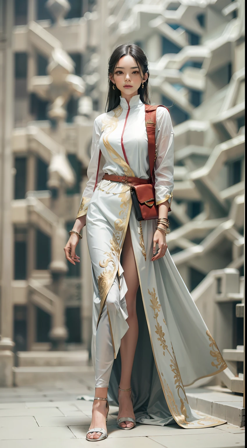 Beautiful woman in intricate Minimalist and Structured Outfit