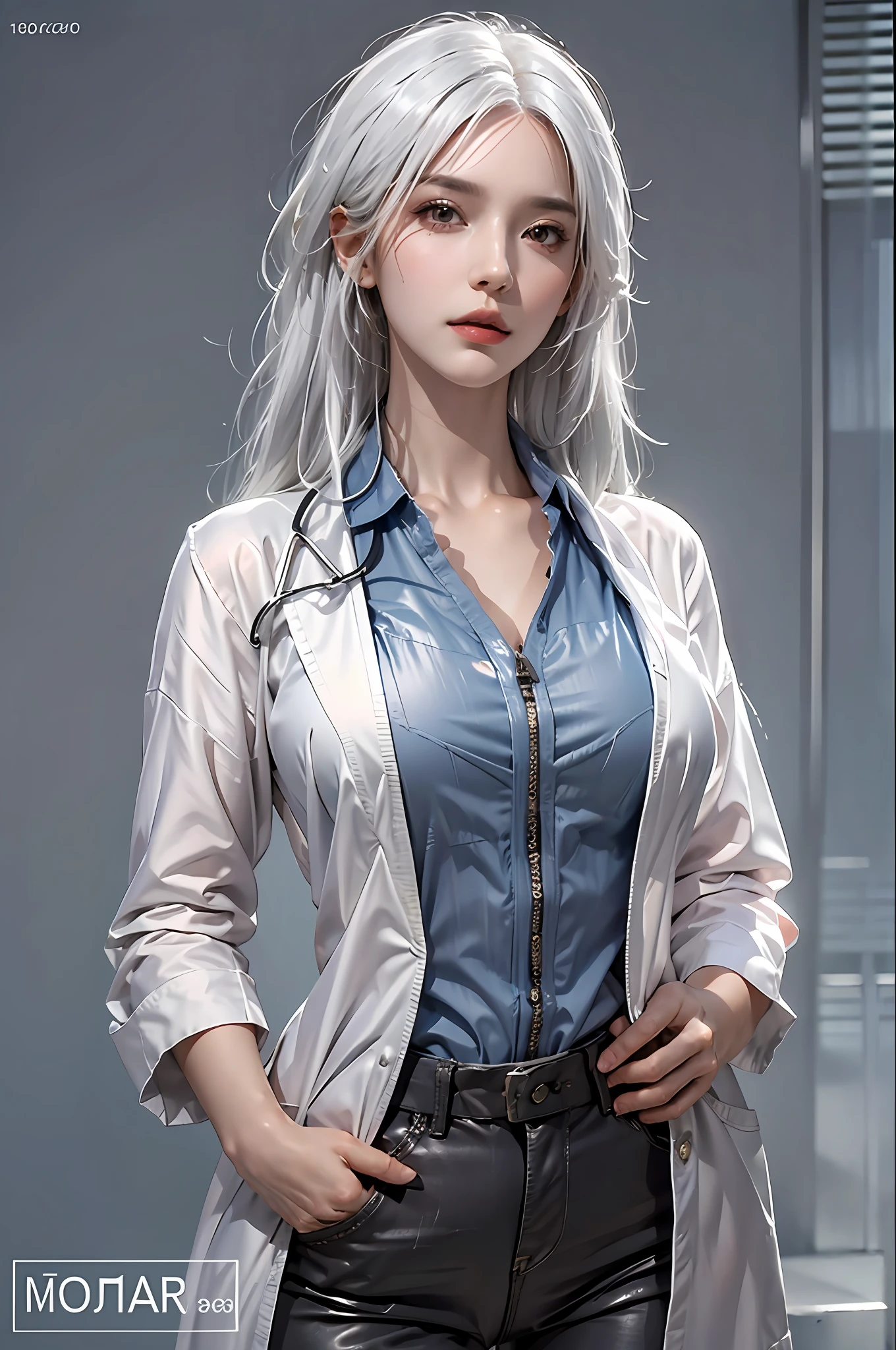 photorealistic, high resolution, 1 women, solo, hips up, look at viewer, (detailed face), white hair, Long Hair, doctor outfit, name tag