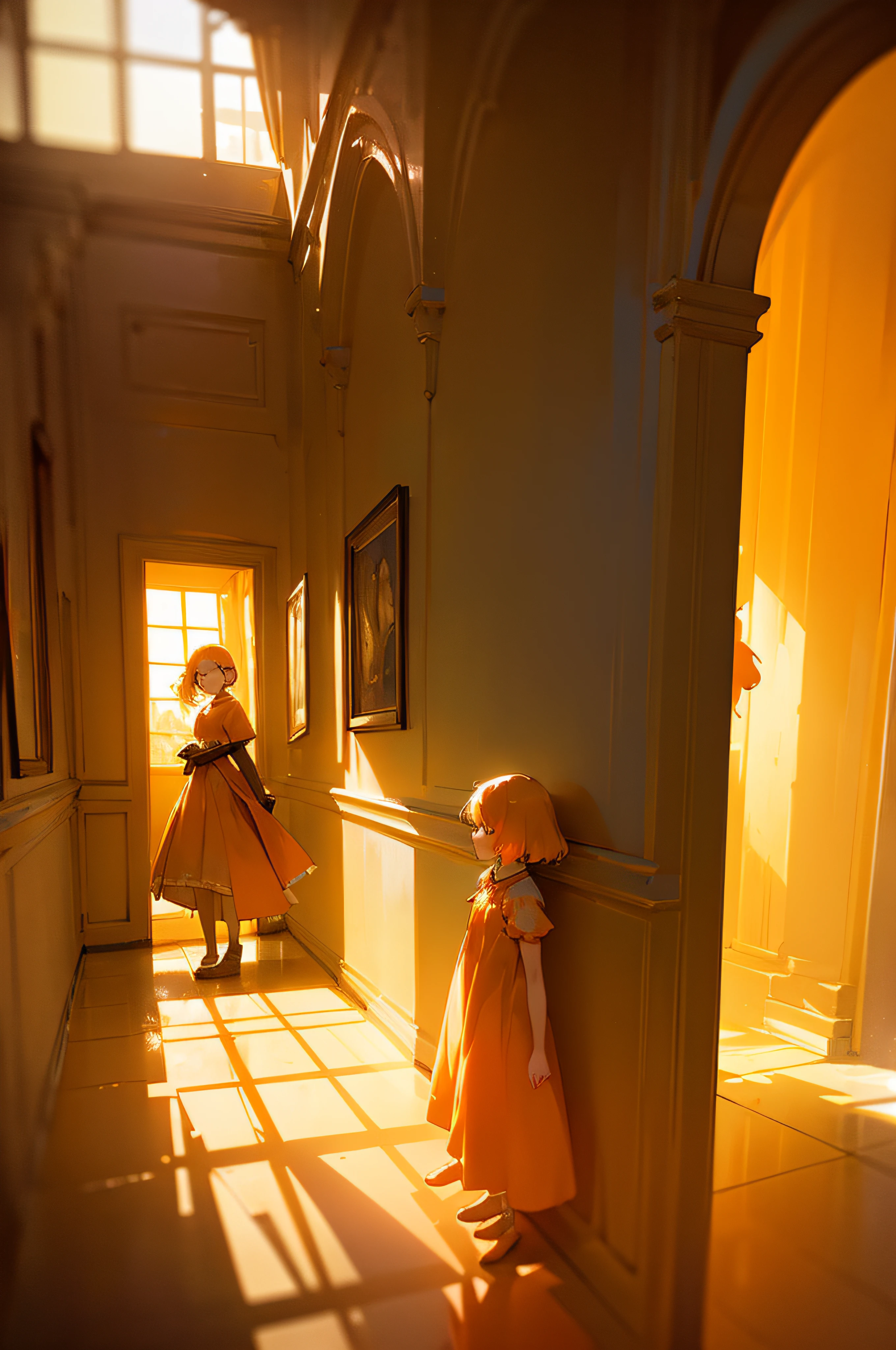 a girl in an orange outfit is standing next to a yellow wall, in the style of ethereal light effects, tj drysdale, mirror, kurt hutton, atelier olschinsky, shot on 70mm, made of glass