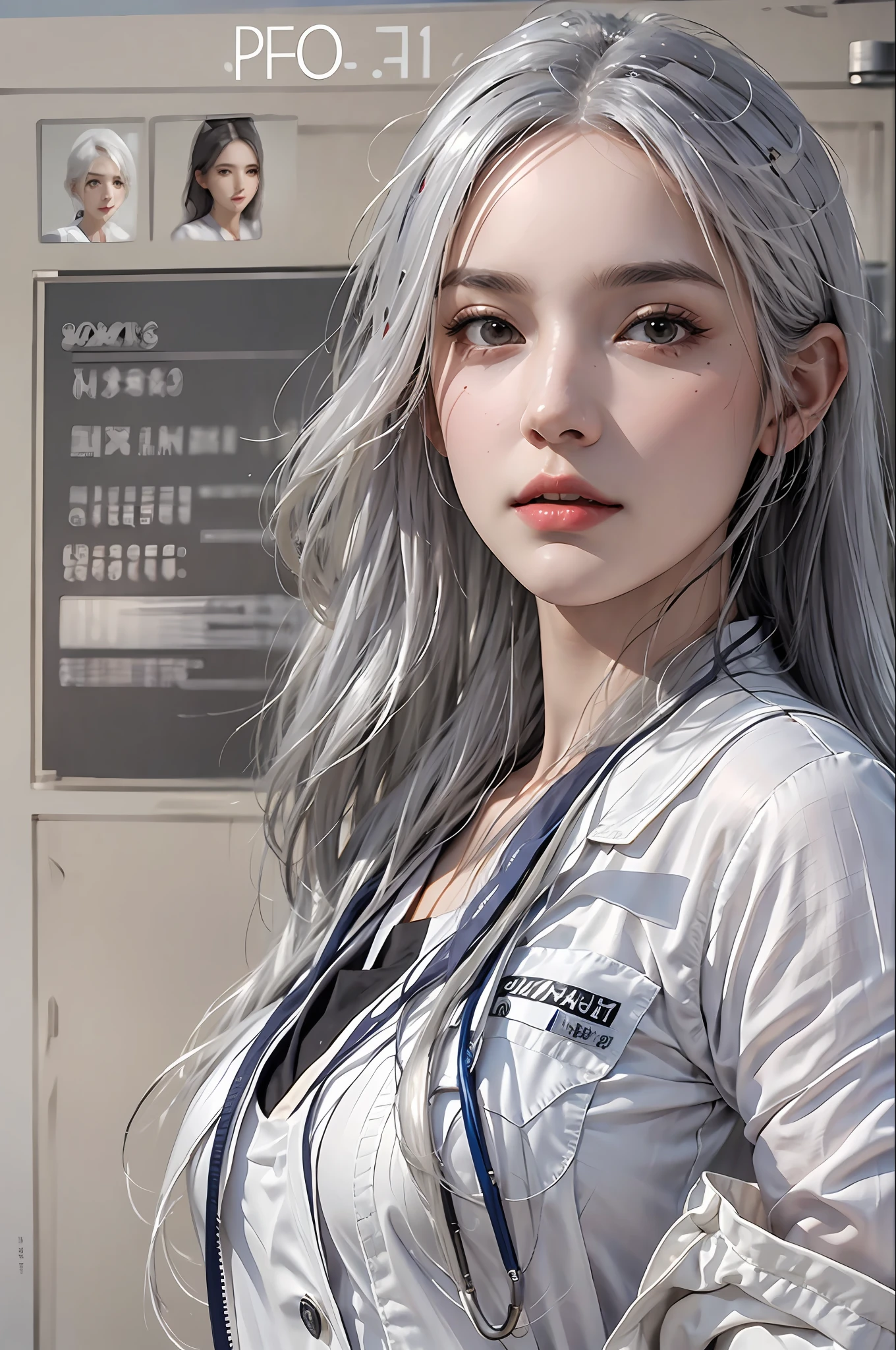 photorealistic, high resolution, 1 women, solo, hips up, look at viewer, (detailed face), white hair, Long Hair, doctor outfit, name tag