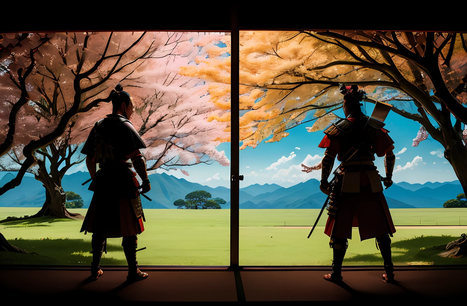 Photographer's masterpiece, epic detail, Full-body rear view of two Japanese samurai in duel, lua vermelha enorme, fundo de paisagem, estrutura complexa, 4K HD,