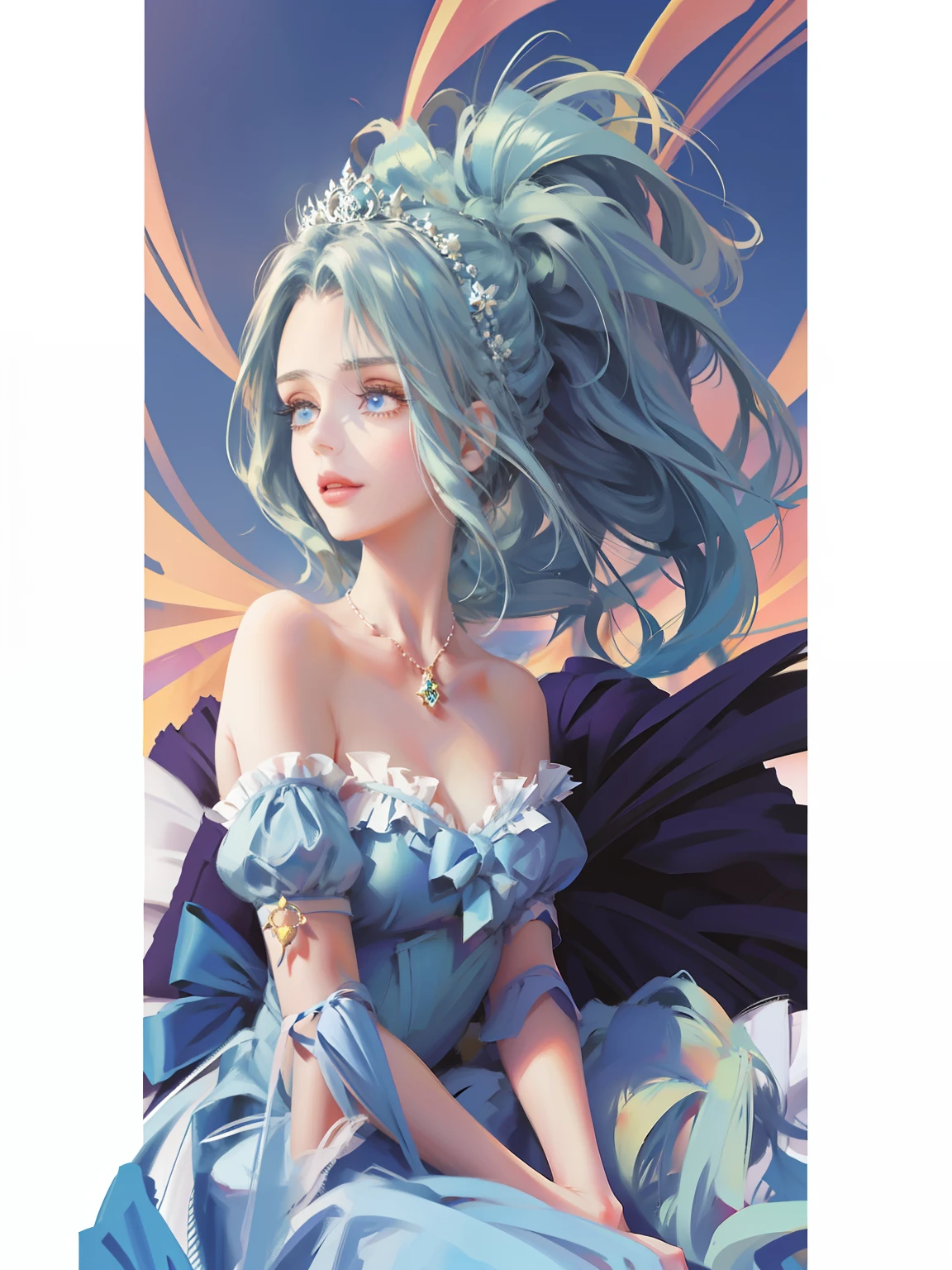 (ultraclear,A high resolution,Surprising detail,1girll,dual horsetail,frizzy hair,Hair soars,Delicate facial features)ssmile,Sky blue double ponytail and blue eyes,Anime girl in sky blue dress,tiara crown,Highly saturated color,Natural light,Anime princess, portrait of magical girl, loli in dress,Lolita prostitute,style of magical girl, Anime style