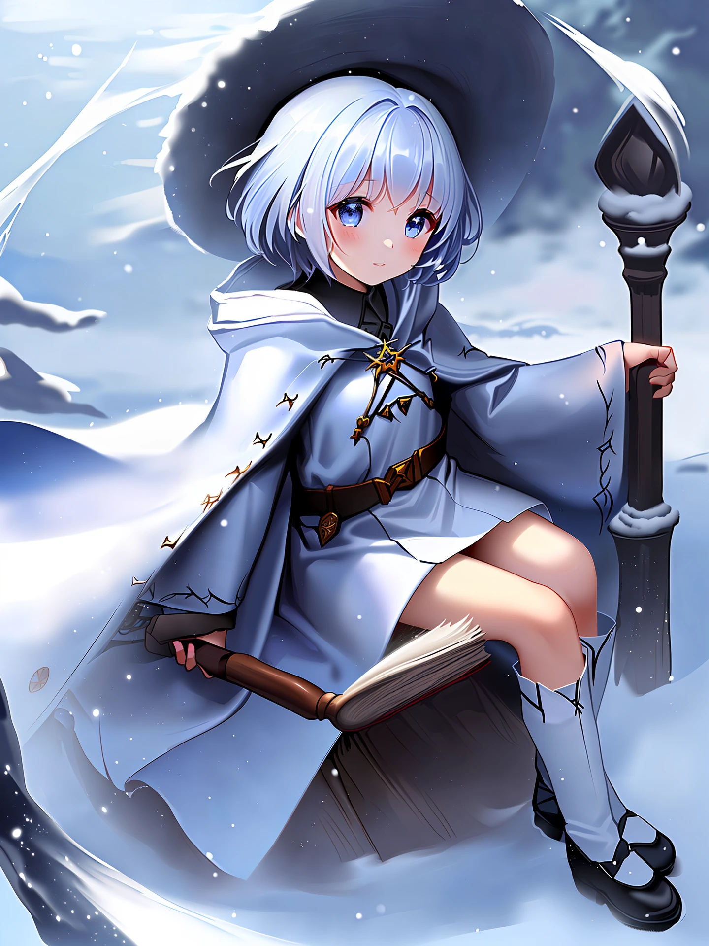 One Little Girl，snowfield，Wizard's Hat，wizard robe，Medium and short hair，magic book