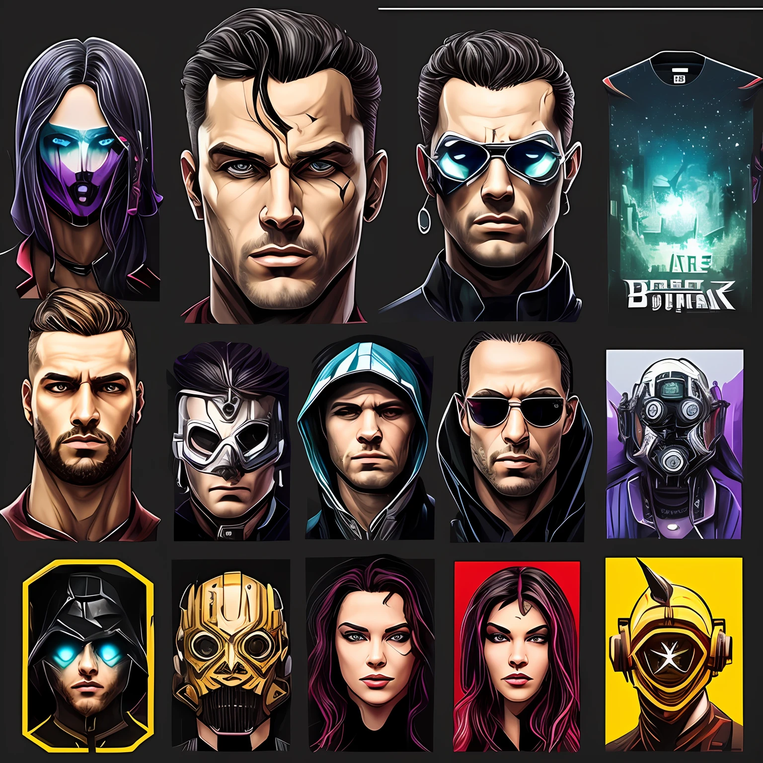 arte da camiseta, 2D, ((fundo preto :1, 5)), vetor, cores vivas, personagem da roupa cyberpunk, obra-prima, melhor qualidade, detalhes intrincados, perfect symmetrical face, detalhes realistas, gothic theme, luz da borda, luar, cinematic shading, Greg Rutkowisk
