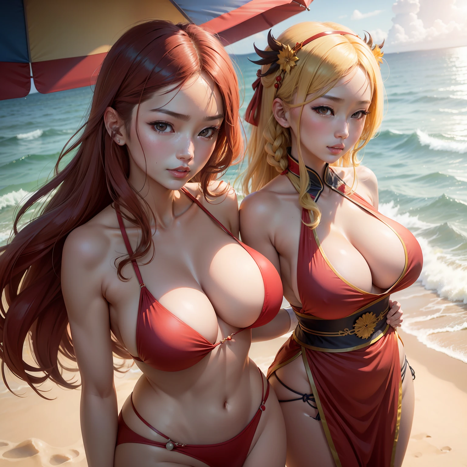 夏天， suns， the ocean， sea beach，full bodyesbian，Lori huge breasts cleavage，Royal Sister --v6