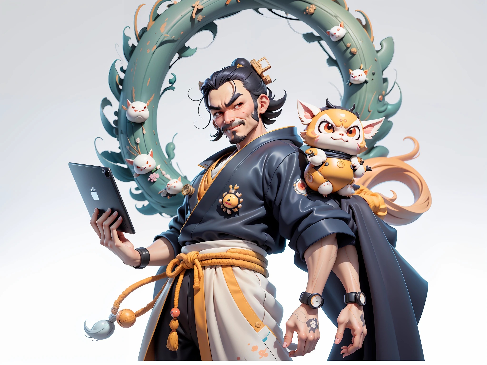 (Daisaku),(Need),(Super meticulous),(full bodyesbian:1.2),Japanese ukiyo-e girl，japanese geisha，Beautiful，Oriental dragon，Aeolian Thor，Raised sexy，爆乳，Oriental face，TV Anchor，Bust portrait illustration，Alone，In black suit，a blue tie，The face is slightly chubby，The face was clean，without a beard，Black super short hair，Black eyes，Smile confidently，3C computer sub-products，iPad， iphone，Digital painting，3D character design by Mark Clairen and Pixar and Hayao Miyazaki and Akira Toriyama，The illustration is a high-definition illustration in 4K resolution，With very detailed facial features and cartoon-style visuals。