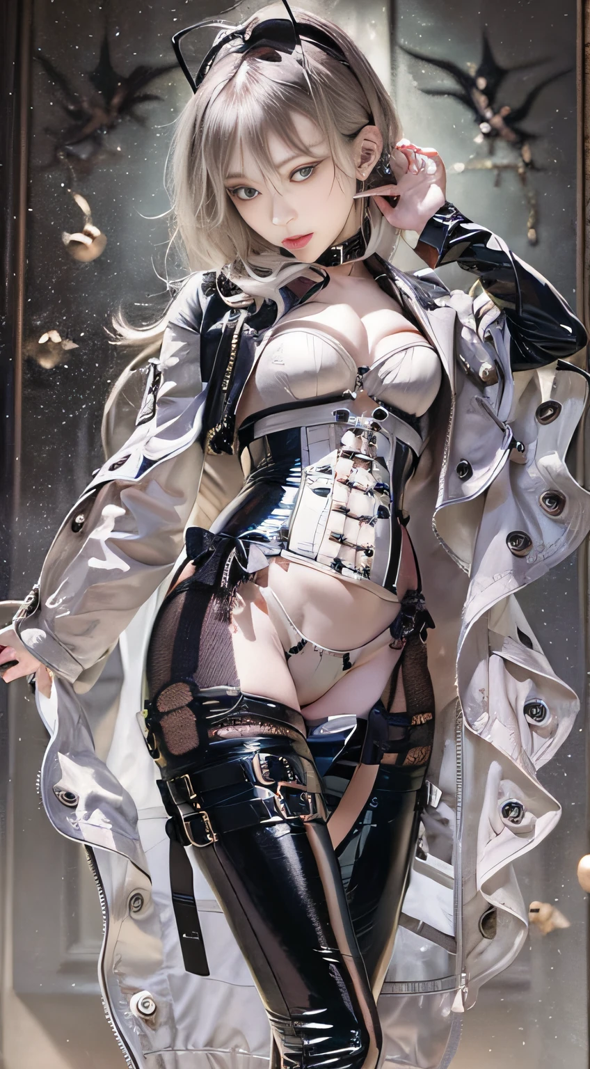Woman in black catsuit posing on bed, Leather corset, Wearing a black latex costume, captivating and enticing, corsets, wrapped in leather straps, very tight corset, very sexy costume, cruel korean goth girl, elegant corset, Wearing a latex costume, intricate wet latex suspenders, Latex, intricate latex set, Corset wearing, Sexy 21 year old cool Korean, Beautiful steampunk anime lady, a steampunk beautiful goddess, Jeizuo, magnifica, viewer, Realistis, Full body camera, on the lap, squatt, radical, tall, Forced real water, White Less Cloth Transparent Mini Shirt, White transparent thong, Low in the steampunk world, Very fine, Beautiful eyes with cosplay details, long eyelashes, Beautiful double eyelids, Eyeshadow is very fine, Narrow eyes, Three white eyes, Dark Eye Makeup, evil smile, Beautiful, thin legs, Tie short hair back, Goofy face, Rolling eyes, Blushing, Mouth watering, Sticky tongue, Vaginal orchid, Vaginal discharge, Squirting, (((Very small breasts))), Grasp your breasts with both hands, Spread legs, sexual excitement, Sex Expressions, Bare skin