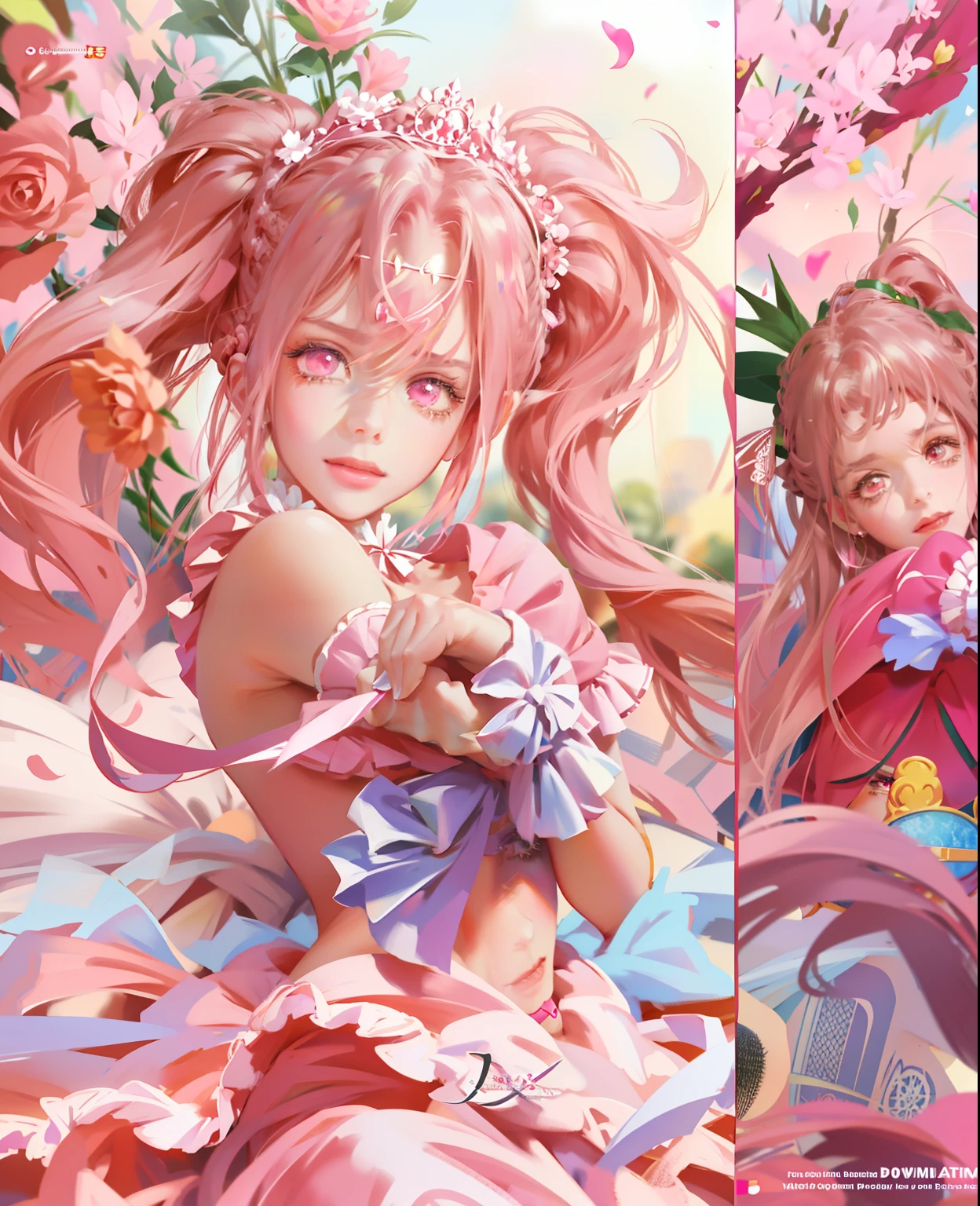 (ultraclear,A high resolution,Surprising detail,1girll,double-ponytail,Delicate facial features)ssmile,Pink ponytail and pink eyes,Anime girl in pink dress,tiara crown,Highly saturated color,Natural light,Anime princess, portrait of magical girl, loli in dress,Lolita prostitute,style of magical girl, Anime style