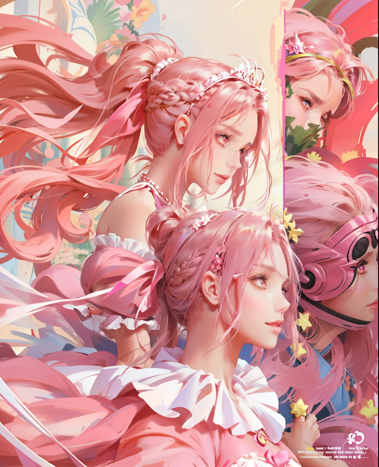 （ultraclear，A high resolution，Surprising detail，1girll，double-ponytail，Delicate facial features）ssmile，Pink ponytail and pink eyes，Anime girl in pink dress，tiara crown，Highly saturated color，Natural light，Anime princess,  portrait of magical girl, loli in dress,Lolita prostitute，style of magical girl, Anime style