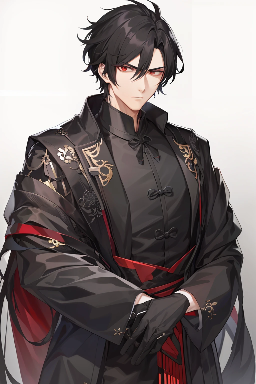 Handsome male,Elegant Chinese black clothing,Long black hair,red color eyes,The expression was melancholy,The chin is contoured,8K分辨率,grand master,Long gun in hand,The hair is very long